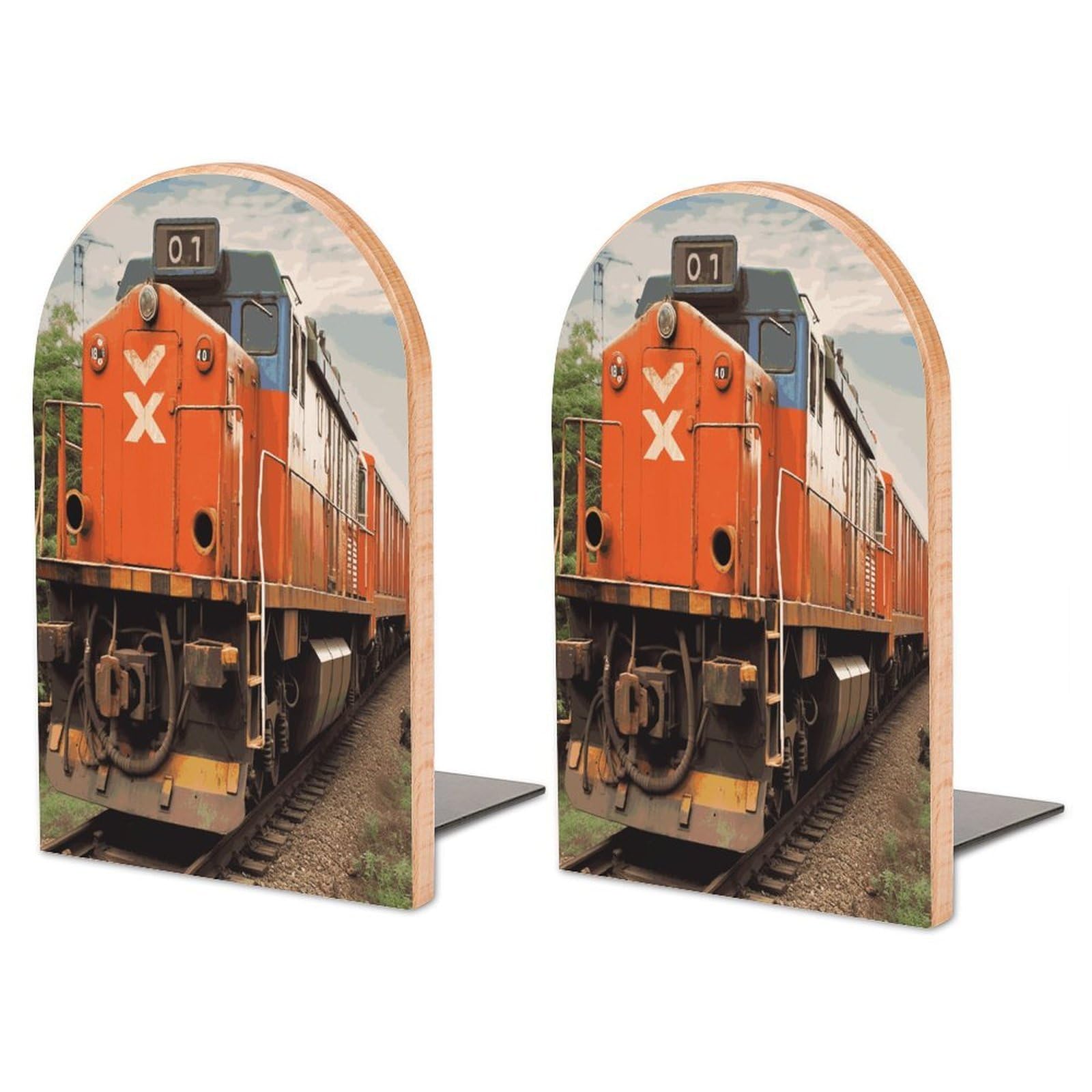 Train Bookend for Shelves Non-Skid Book Holder Modern Heavy Duty Bookend Stopper Metal Base Wood Book End Books Shelf Holder Home Decorative 1pair 6.7x3.9x4.7