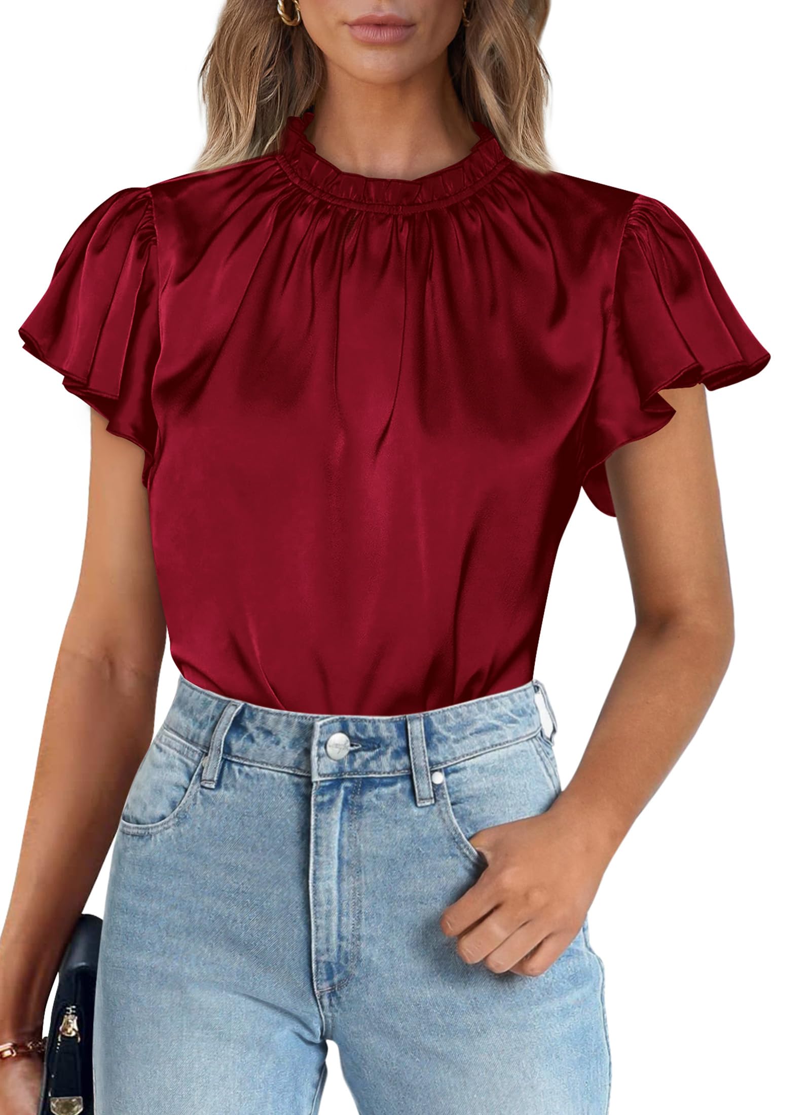 PRETTYGARDEN Business Casual Tops for Women Blouses Dressy 2025 Summer Short Sleeve Ruffle Satin Work Office Attire