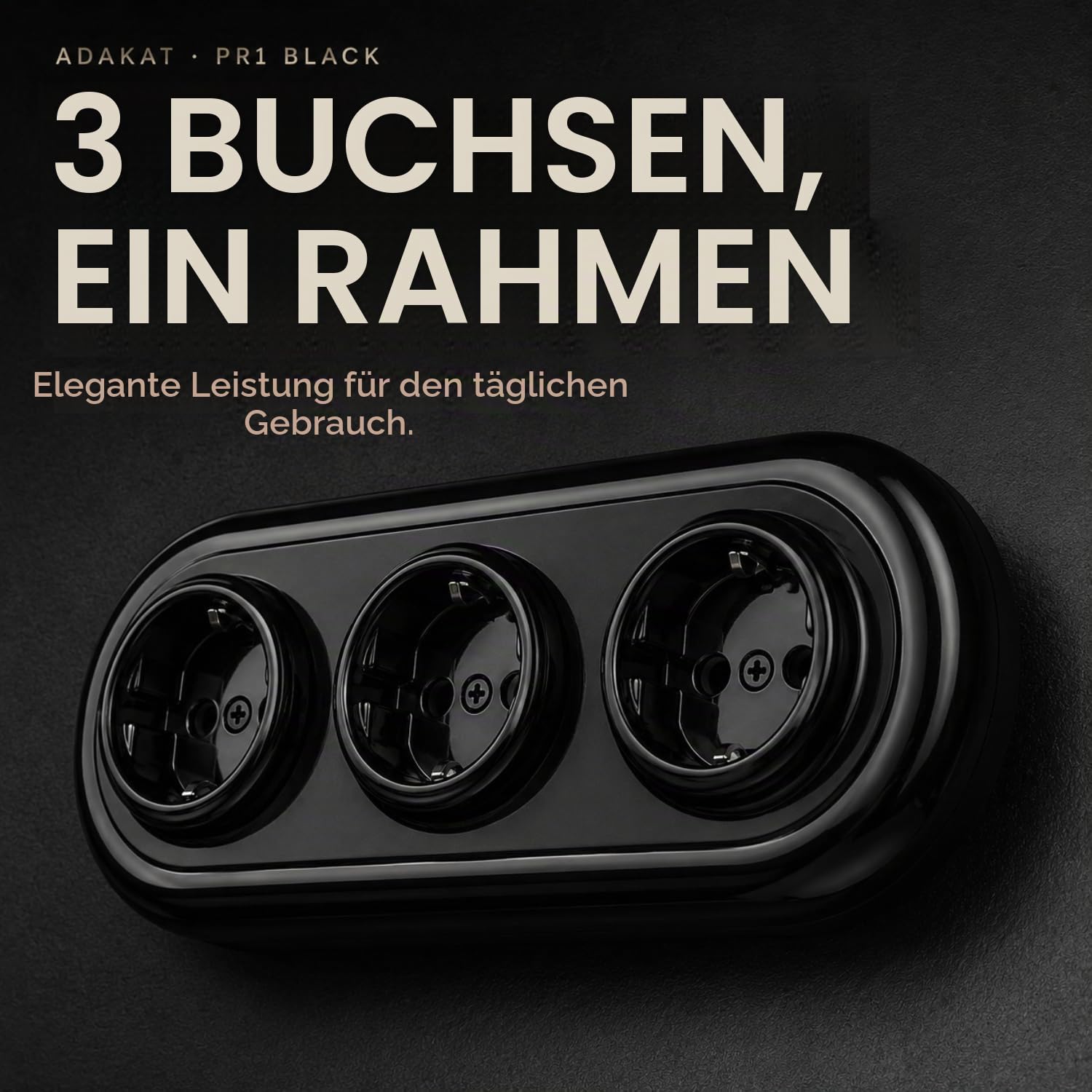 Unterputz Porzellan Retro Steckdose 3-fach, All-in-One, Serie PR1 schwarz