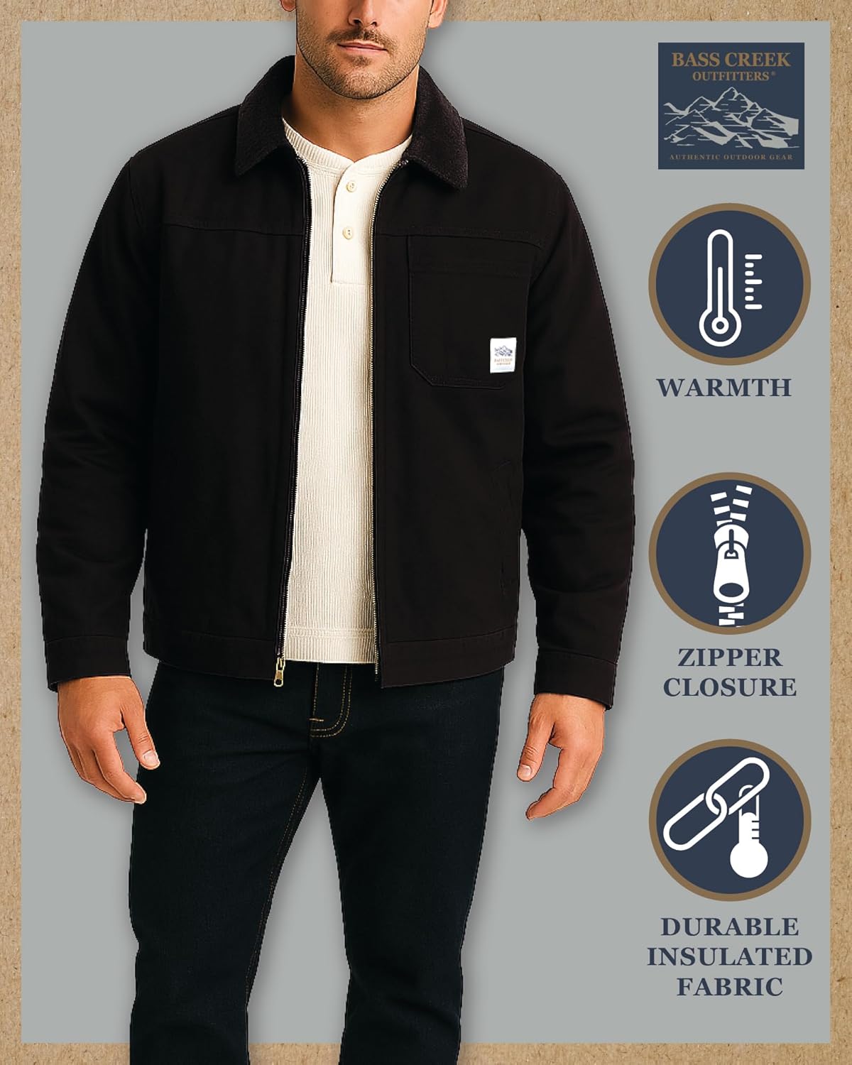 Bass Creek Outfitters Mens Trucker Jacket - Lightweight Heavy Duty Canvas Sherpa Lined Jacket Men Workwear with Chest Pockets - Image 2