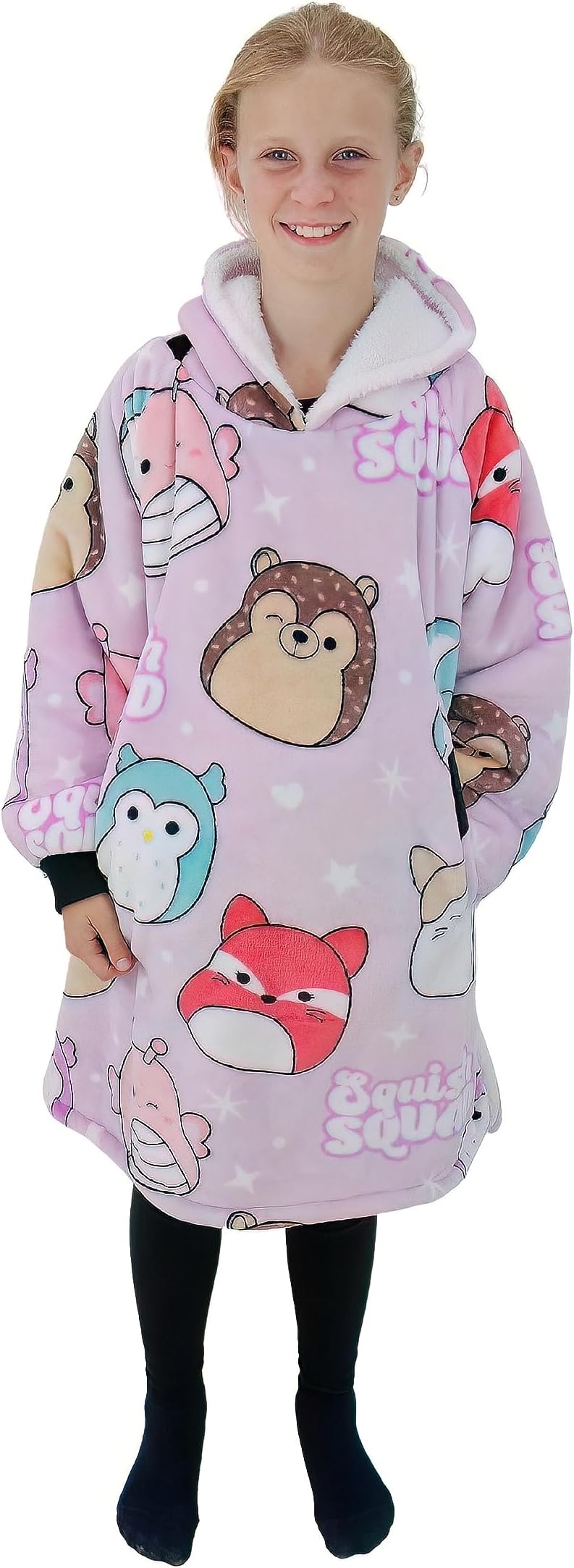 Hugzee Oversized Wearable Hooded Fleece | Super Warm and Cosy Sherpa Lined, Squishmallows Design | Perfect For Kids Aged 7-12 Years, One Size Suggested Height 85cm+