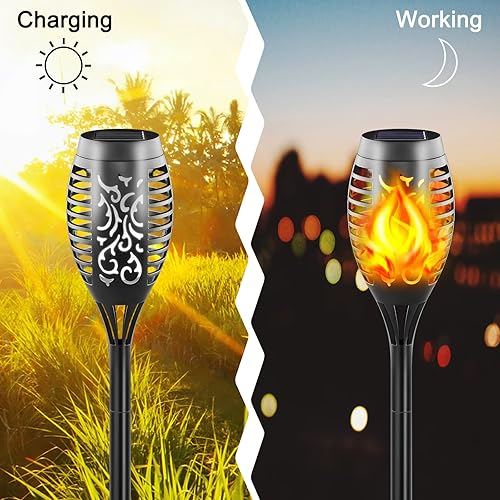 Miniatura 3 de Paquete de 16 antorchas solares con llama parpadeante, 12 luces LED de paisaje al aire libre – Antorchas Tiki impermeables del atardecer al amanecer