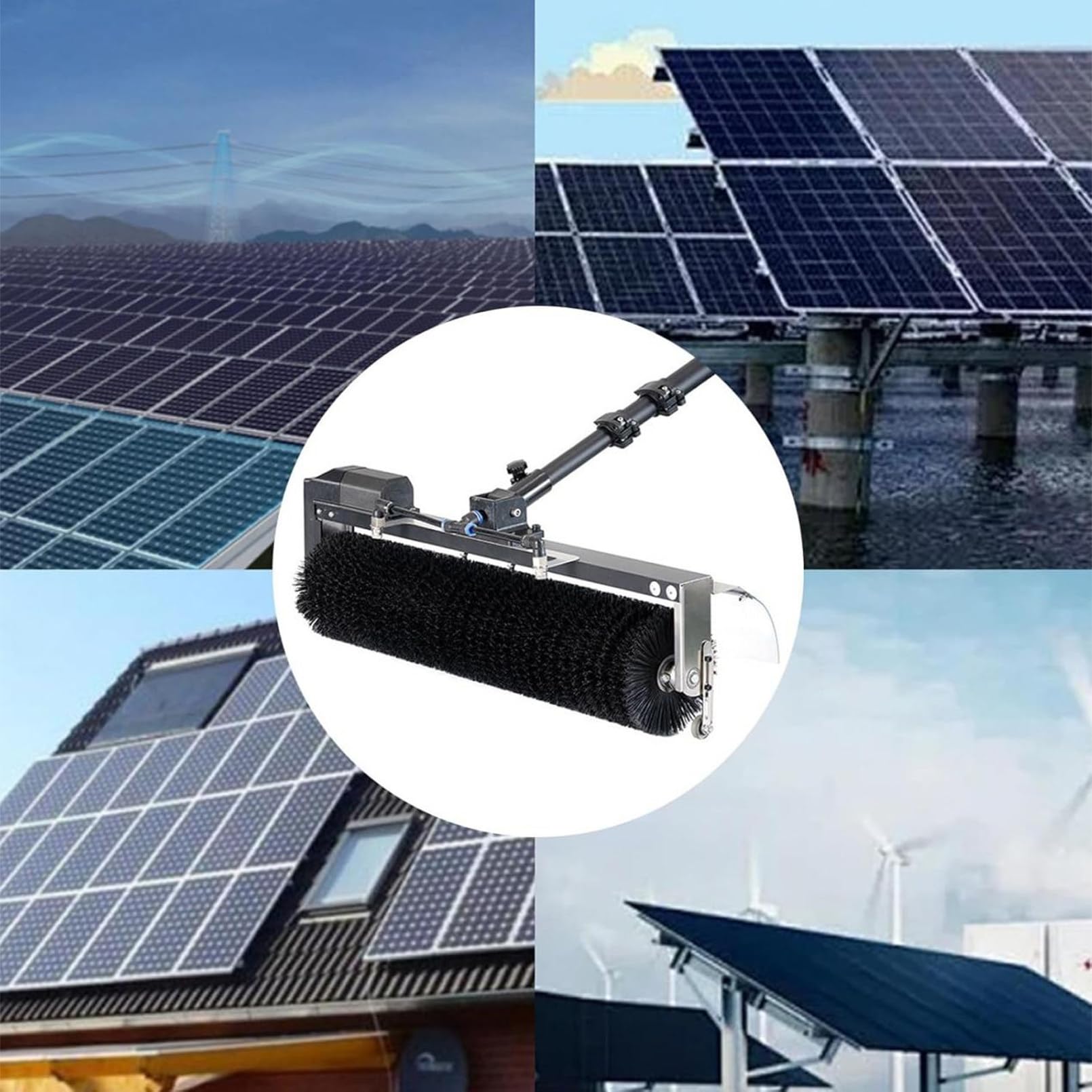 Cepillo de Limpieza para Paneles solares de 60 cm con Mango telescópico, Herramienta de Lavado a presión para Exteriores de 7,5 m, Limpiador de Rodillos eficiente para pa
