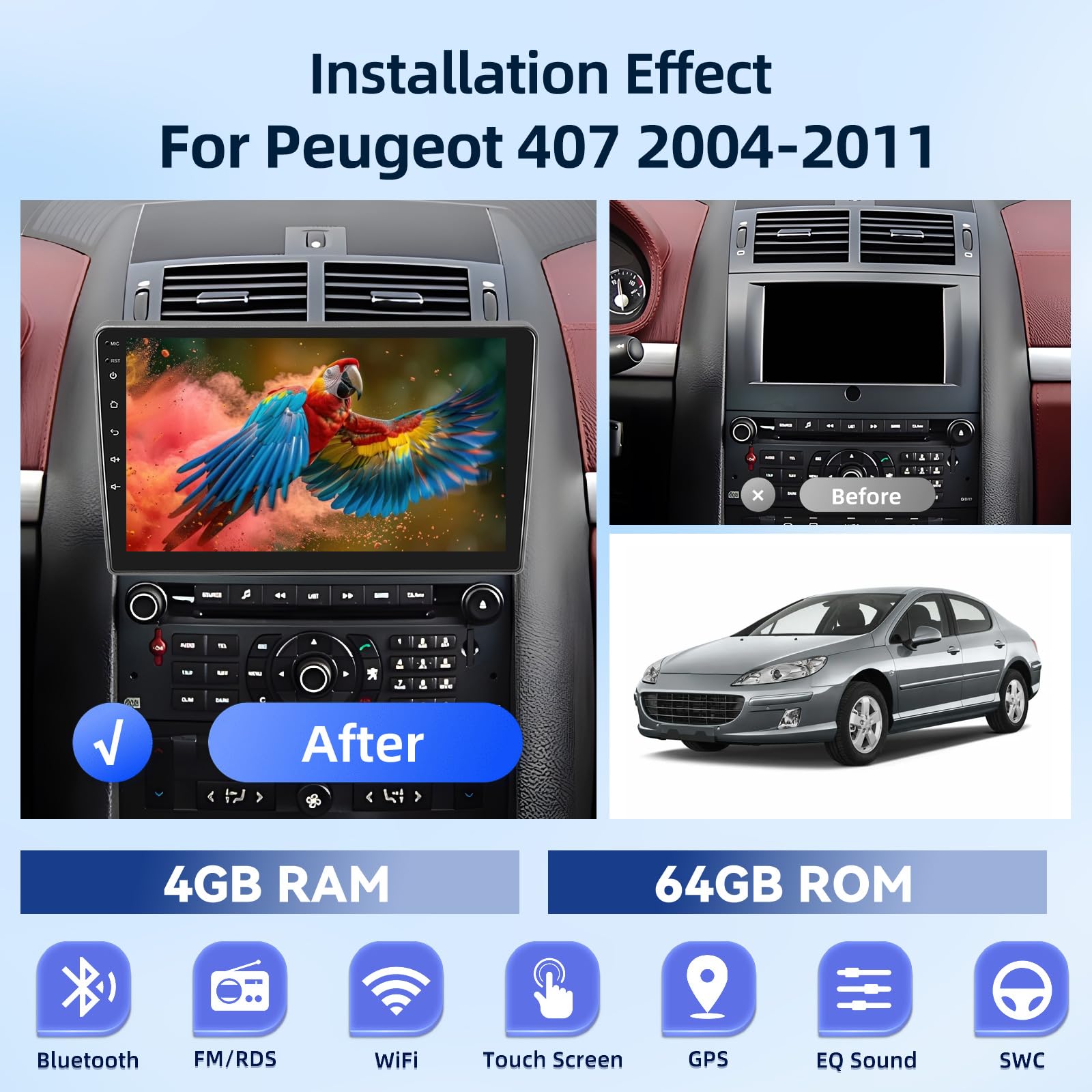 [4G+64G] Android Autoradio pour Peugeot 407 2004-2011 avec Carplay & Android Auto sans Fil, Écran Tactile IPS 9 Pouces avec GPS, WiFi, 32EQ, Bluetooth 5.0, Radio FM/RDS