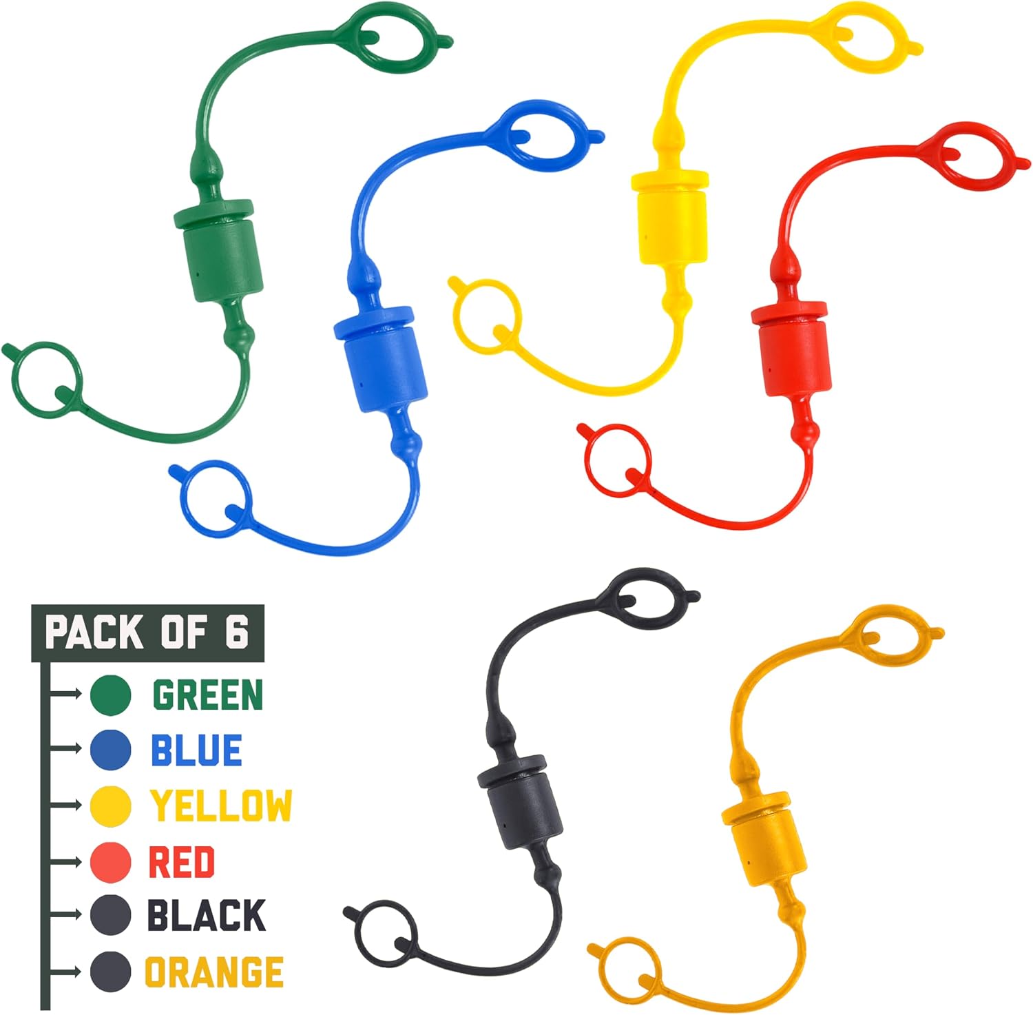 (6 Set) 1/2 ISO A Tractor Hydraulic Hose Caps and Plugs Couplers Male Dust Cap and Female Cover, Quick Disconnects Port Fitting With Retention Ring Keeps Cap Attached to Hose (6 Colors)