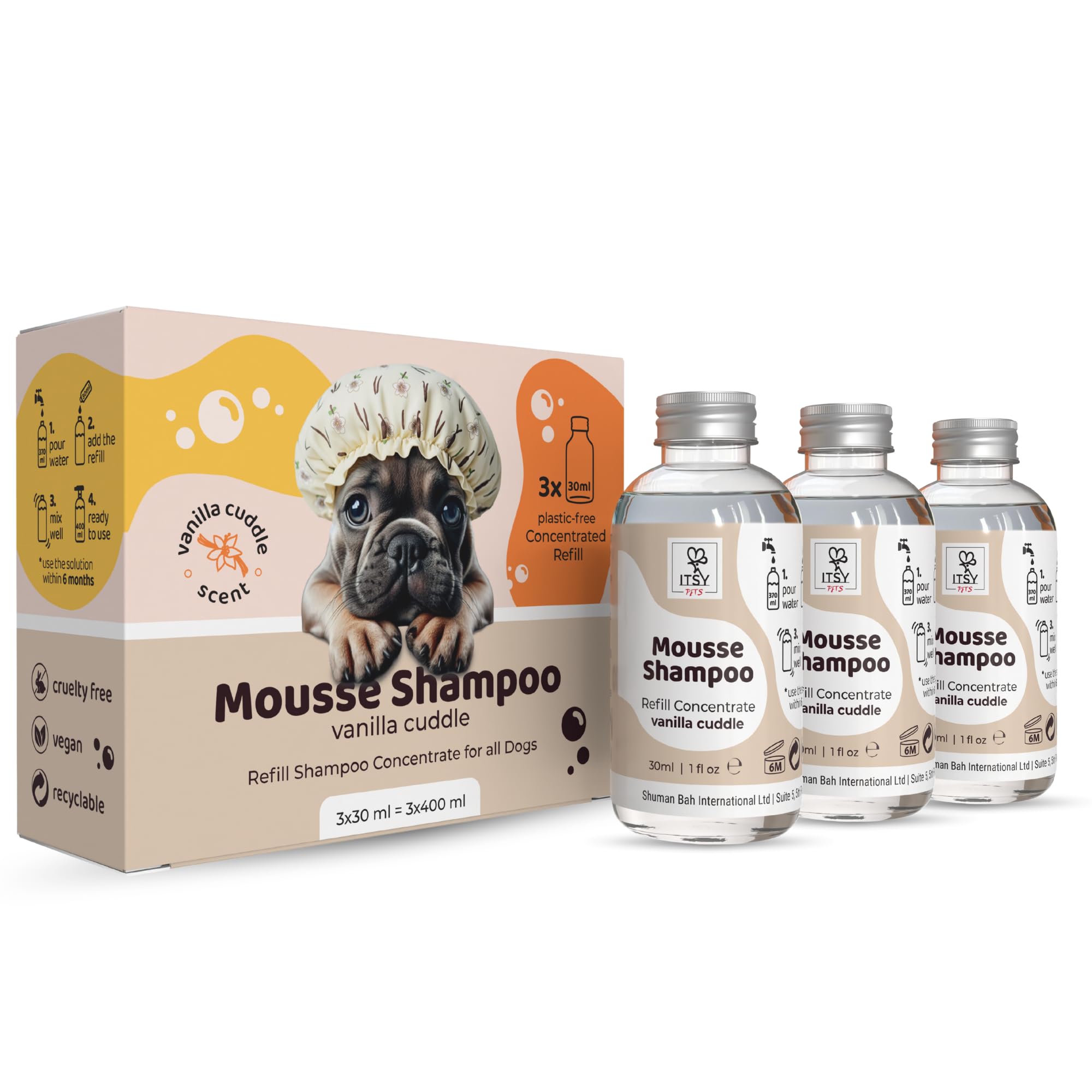 ITSY Pets Dog Mousse Shampoo 3-Pack Refill | Vanilla Cuddle Scent | Eco-Friendly Concentrated Pet Wash | 3x 30ml Makes 3x 400ml | Reduces Single-Use Plastic