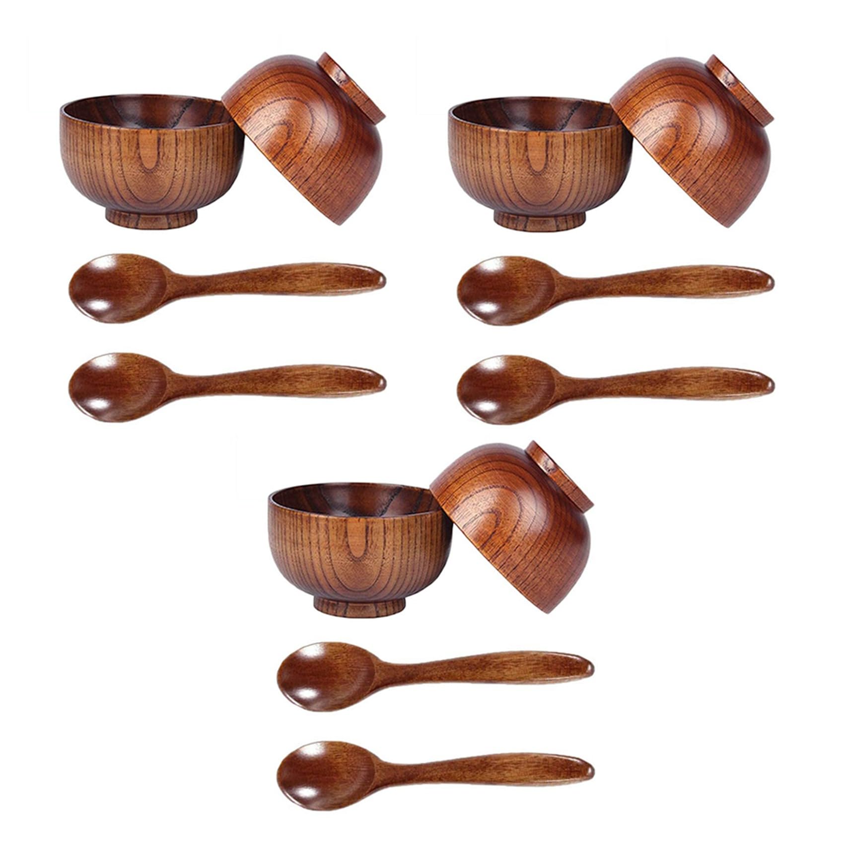 Hndhbfgrt 3X Wood Spoons Bowl Set,Wooden Handmade Flatware Tableware Cutlery Soup Rice Bowls Serving Tableware for Eating,Rice