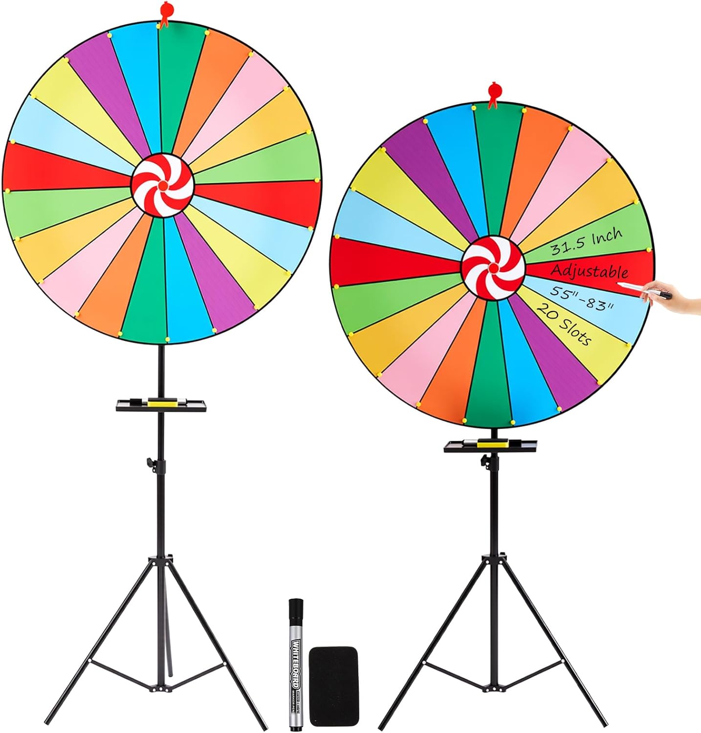 31.5 Inch Large Giant Prize Wheel Adjustable Height 55"-83" Floor Stand Fortune Roulette Wheel with Dry Erase Marker & Eraser, 20 Slots Spinner Game for Game Carnival and Trade Show