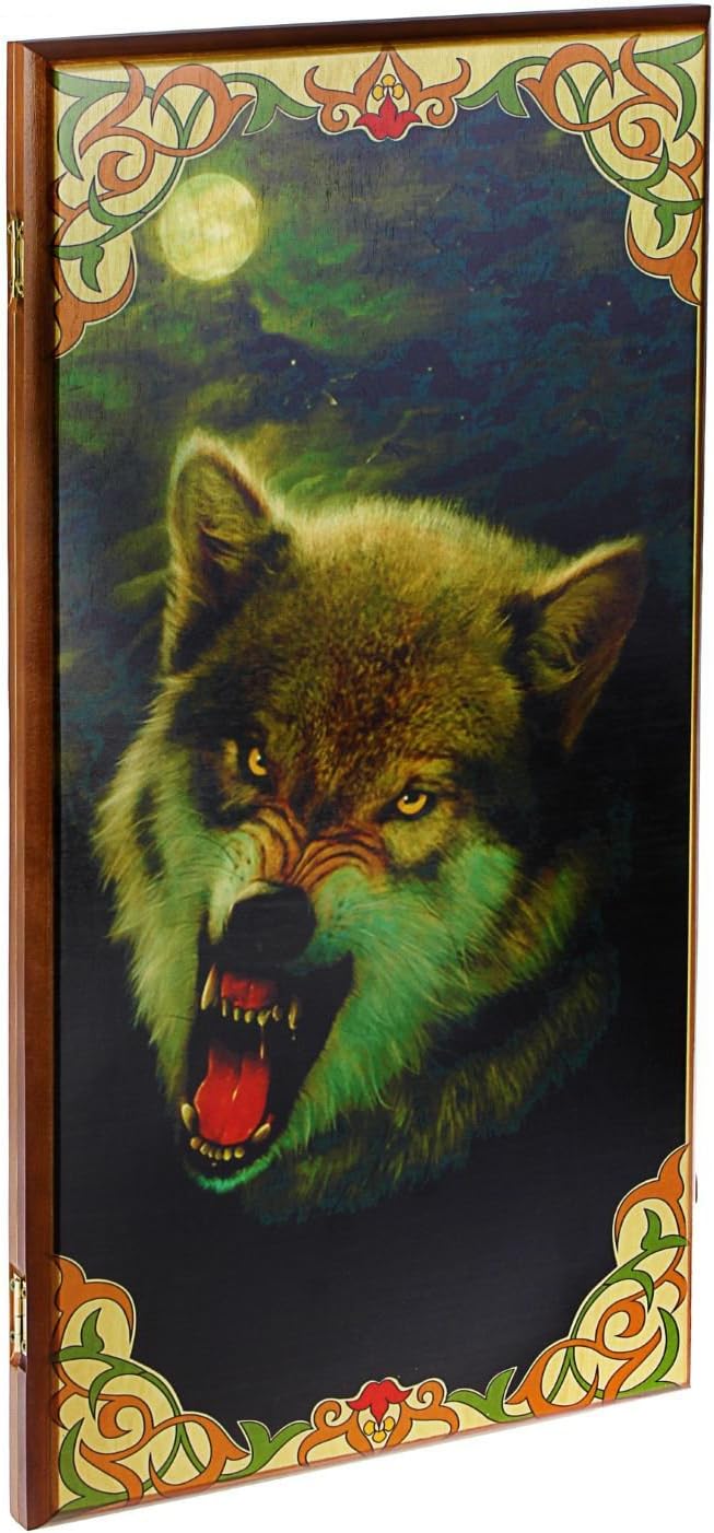 24" Wood Backgammon and Checkers Game Set Wolf