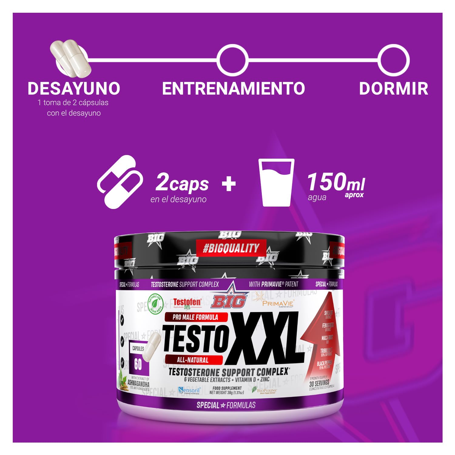 BIG Testosterona Hombre 60 Cápsulas Precursor Natural para Aumento de Masa Muscular, Energía y Rendimiento Físico