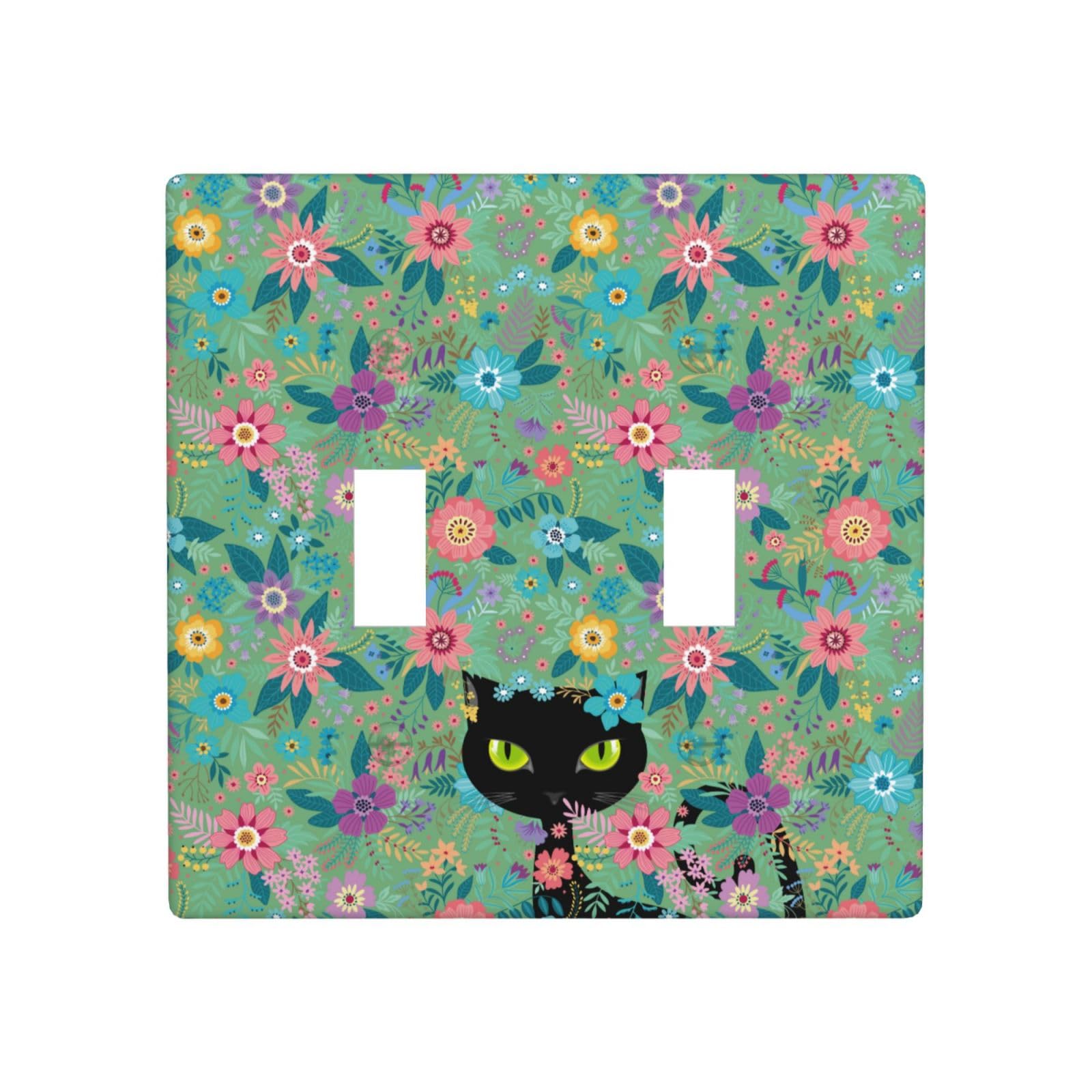Black Cat Spring Flowers Double Light Switch Cover Plates Decorative 2 Gang Wall Plate Double Toggle Lightswitch Cover