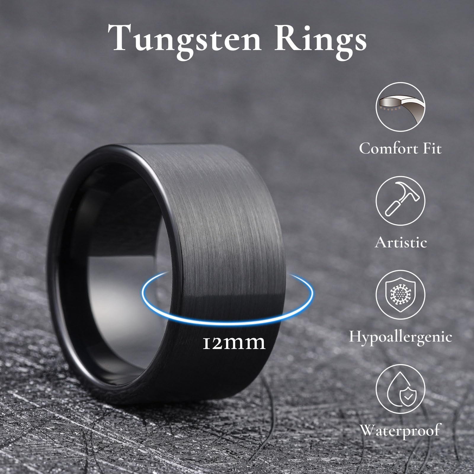 King Will Alianza de boda de tungsteno negro de 12 mm para hombre – Anillo cepillado con borde plano, ajuste cómodo, duradero, regalo 69,7 (22,2)