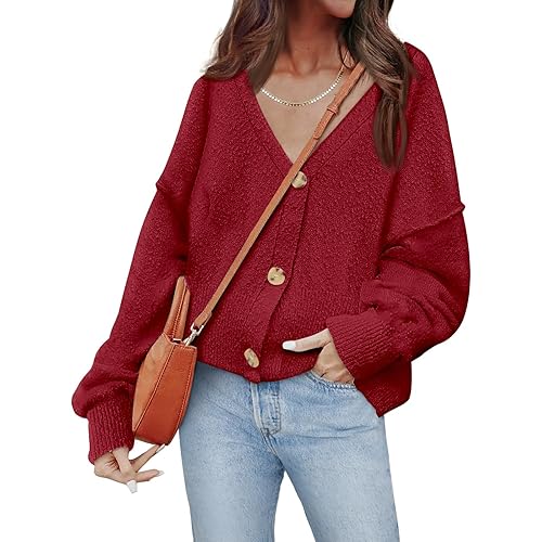LILLUSORY Women's Cardigan Sweaters Cropped Button Open Front Cashmere Oversized Sweater V Neck Loose Cardigans Knit Tops