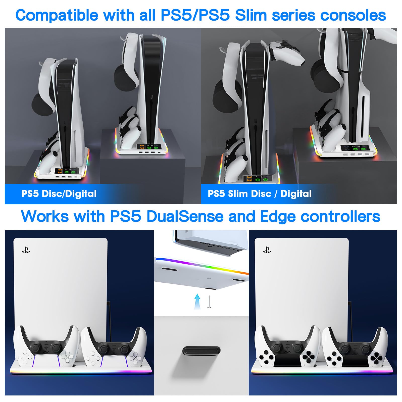 PS5/PS5 Slim Ständer mit 3 Stufig Lüfter und 3 USB Anschlüsse, PS5 Standfuß mit RGB Licht, PS5 Controller Ladestation, PS5 Halterung mit Headset Halter, für PS5 Zubehör, PS5 Digital/Disc Edition
