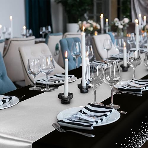 Miniatura 6 de Breling Paquete de 8 manteles de plástico desechables y camino de mesa de satén, color negro y plateado, manteles de 54 x 108 pulgadas, caminos de