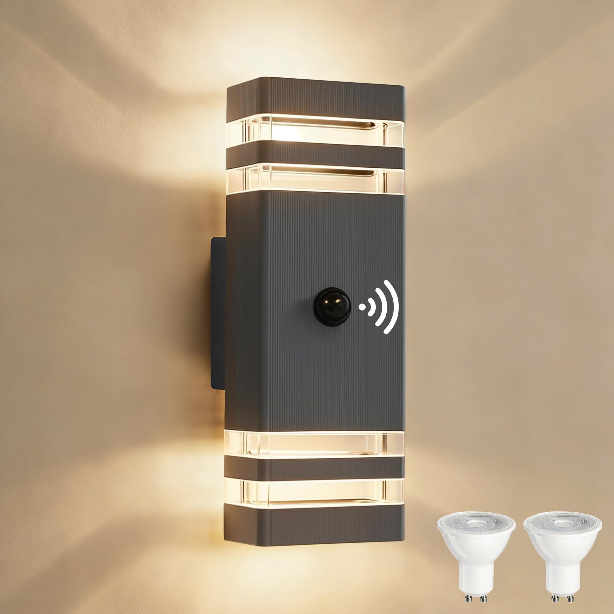 YOVGQOLV Outdoor Wall Lights PIR Motion Sensor, IP54 Waterproof Up Down Outside Light Mains Powered for Front Door Porch, Incl. 2x5w 3000K GU10 Bulb, Aluminium Exterior Wall Lamp, Anthracite, 1 Pack