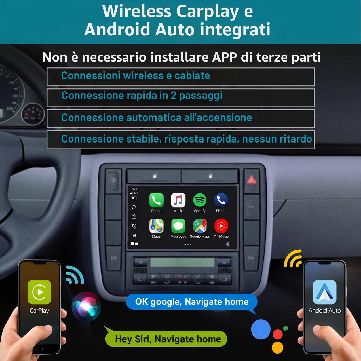 Schermo Autoradio CarPlay wireless per VW Golf 4,Polo 3/4,Passat B5 DSP RDS | Sistema Linux,avvio rapido 2s,Plug&Play,CANBUS,per Cordoba 6L Leon 1M Transport T4/T5 Alhambra,controllo volante,Bluetooth