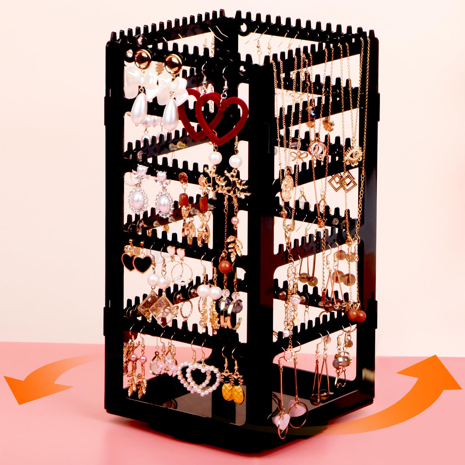 24Aug 360° Rotating Jewelry Organizer Stand with 5 Layers,Acrylic Earring Holder Organizer Stand,228 Holes & 232 Grooves for Studs,Dangly Earrings,Chains,Bracelets,Necklace