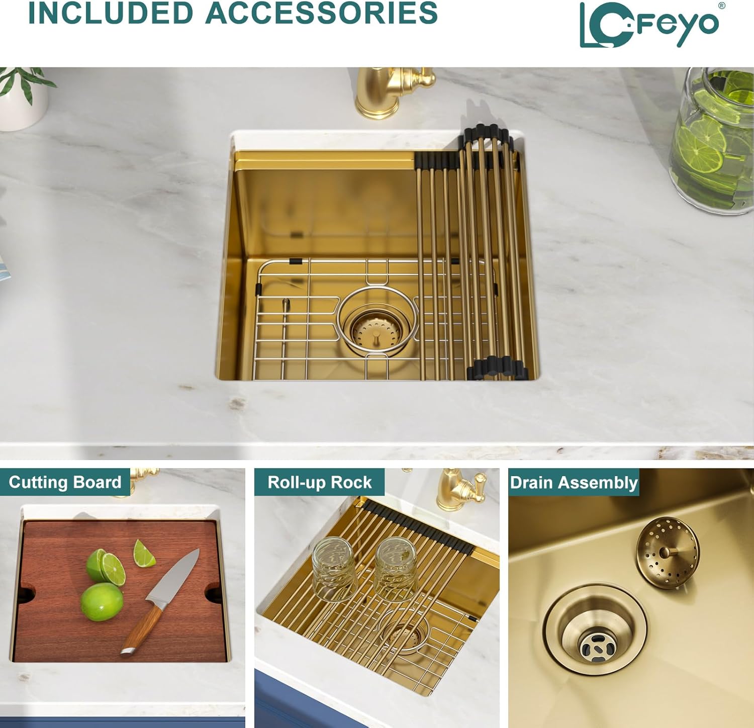 17x17 inch Gold Square Undermount Kitchen Sink, Small Wet Bar Prep Workstation Bar Sink, 16-Gauge Stainless Steel Single Bowl Basin for Laundry Room, RV, and Home Bar