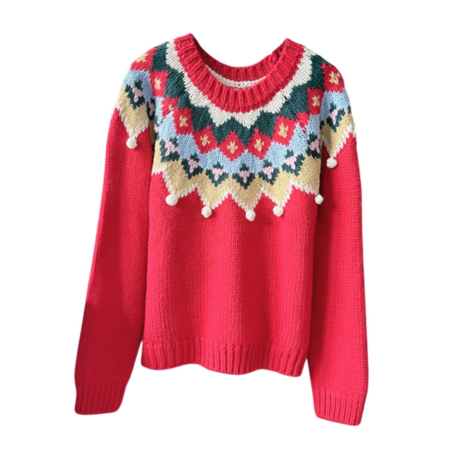 Christmas Sweater Tops Crew Neck Long Sleeve Party Jumper Tops Women Sweater Red-image-44