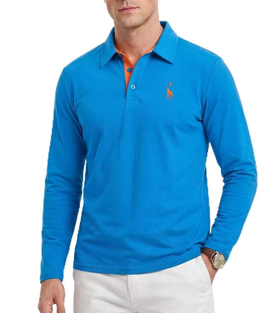 GLESTORE Męska Długa Koszulka Polo Z Kontrastowym Zapięciem I Logo Żyrafy