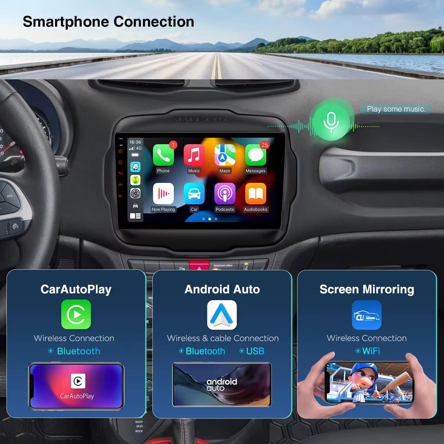 Autoradio Android 9 Pollici per Jeep Renegade 2014-2019, Schermo Touch HD, Apple CarPlay & Android Auto, GPS Navigatore, Bluetooth WiFi USB (4GB RAM 64GB ROM) CTB-RNG10X