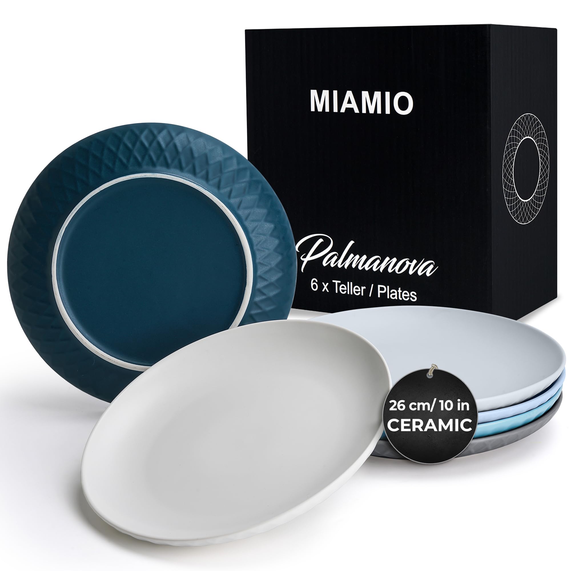 MIAMIO – Plates Set of 6 / Modern Plate Set made of Ceramic/Stoneware - Palmanova Collection (Blue, 10 Inch)