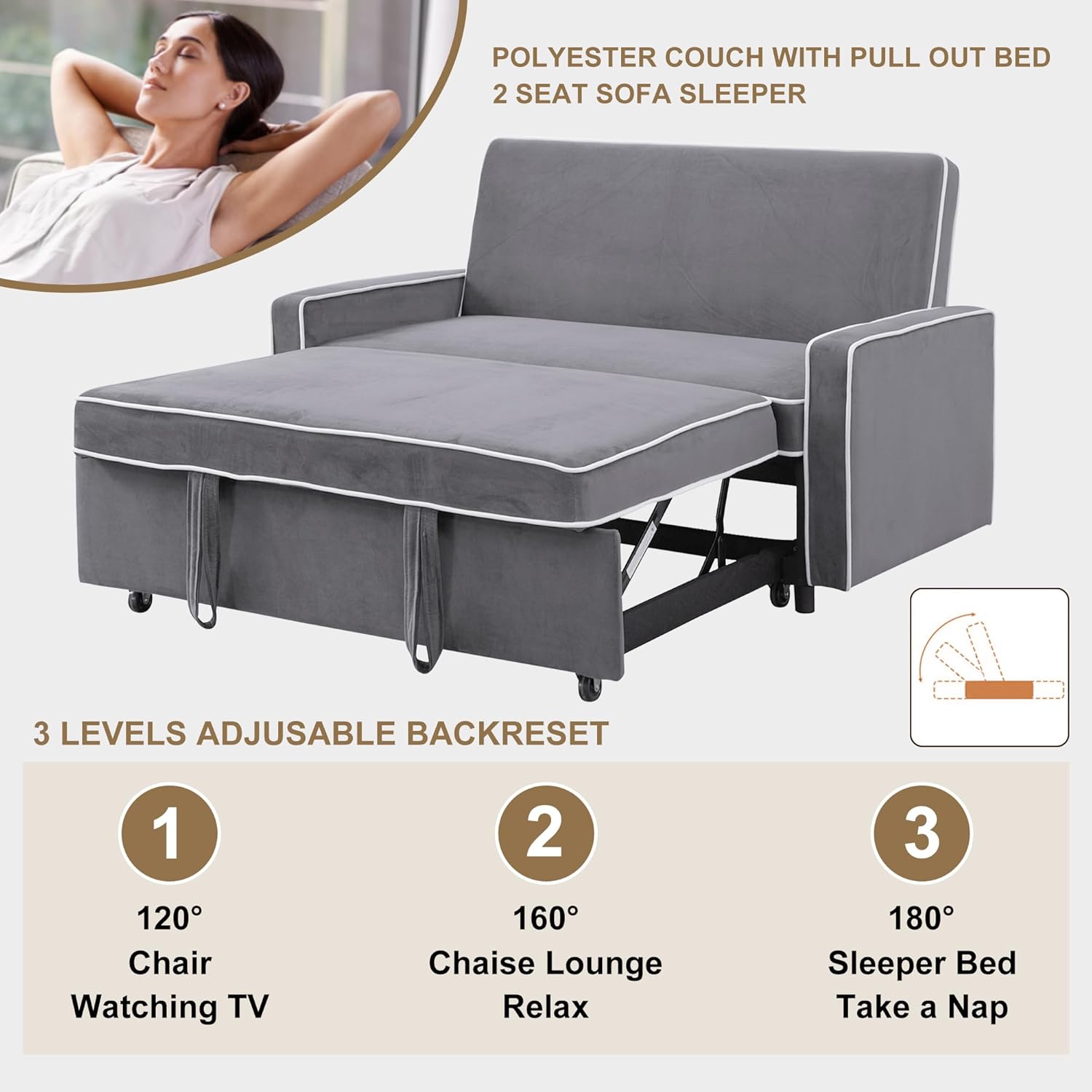 3-in-1 Convertible Sofa Sleeper Bed 2-Seat Loveseat Lounge with Adjustable Backrest, Flannel Pull Out Fabric Couch Chaise, Perfect for Home RV Apartment Office Living Room, Grey