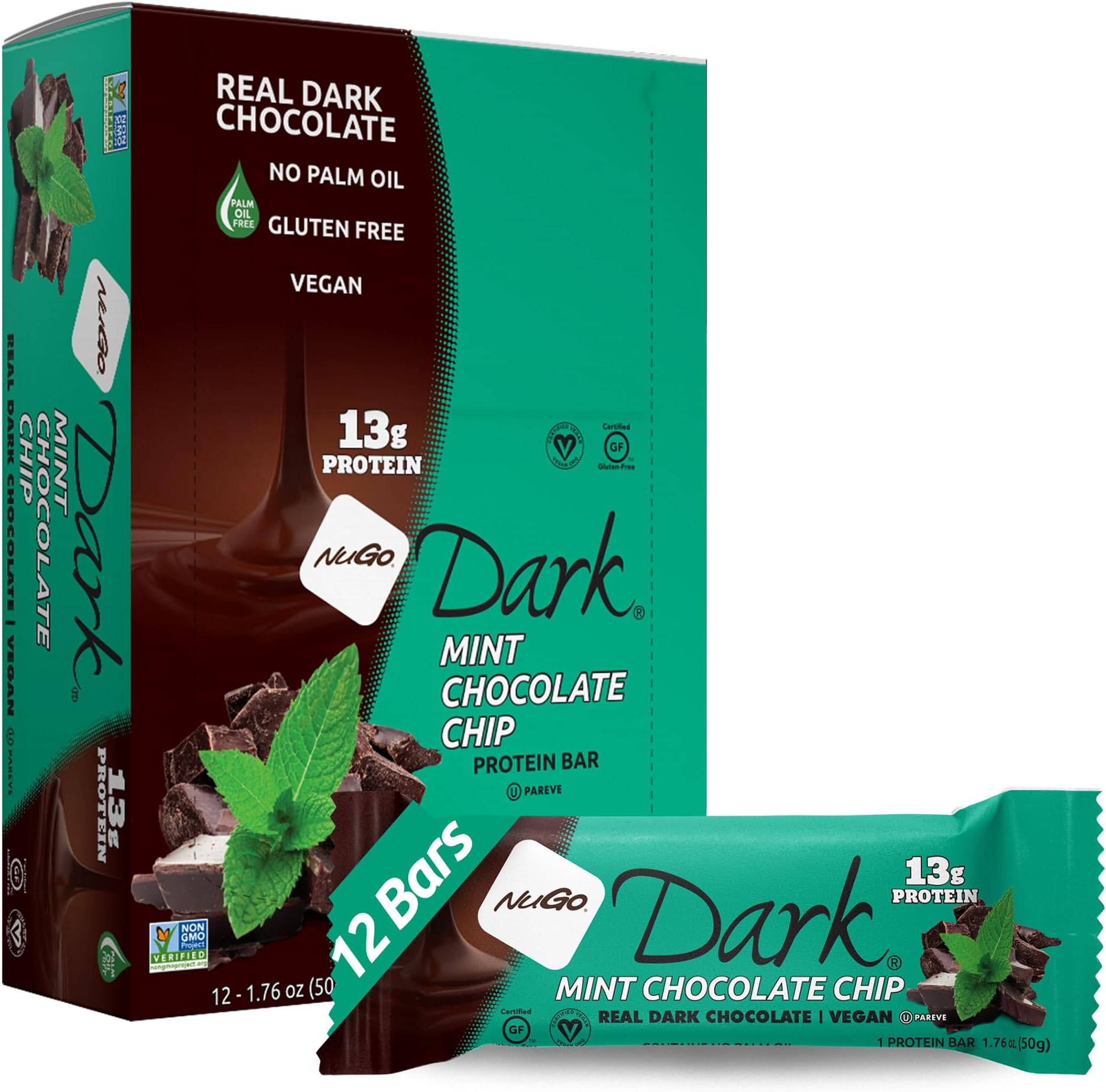 NuGo Dark Nutrition Protein Dairy Free Non GMO Vegan Bars Coconut 50g - Pack of 12 (Mint)