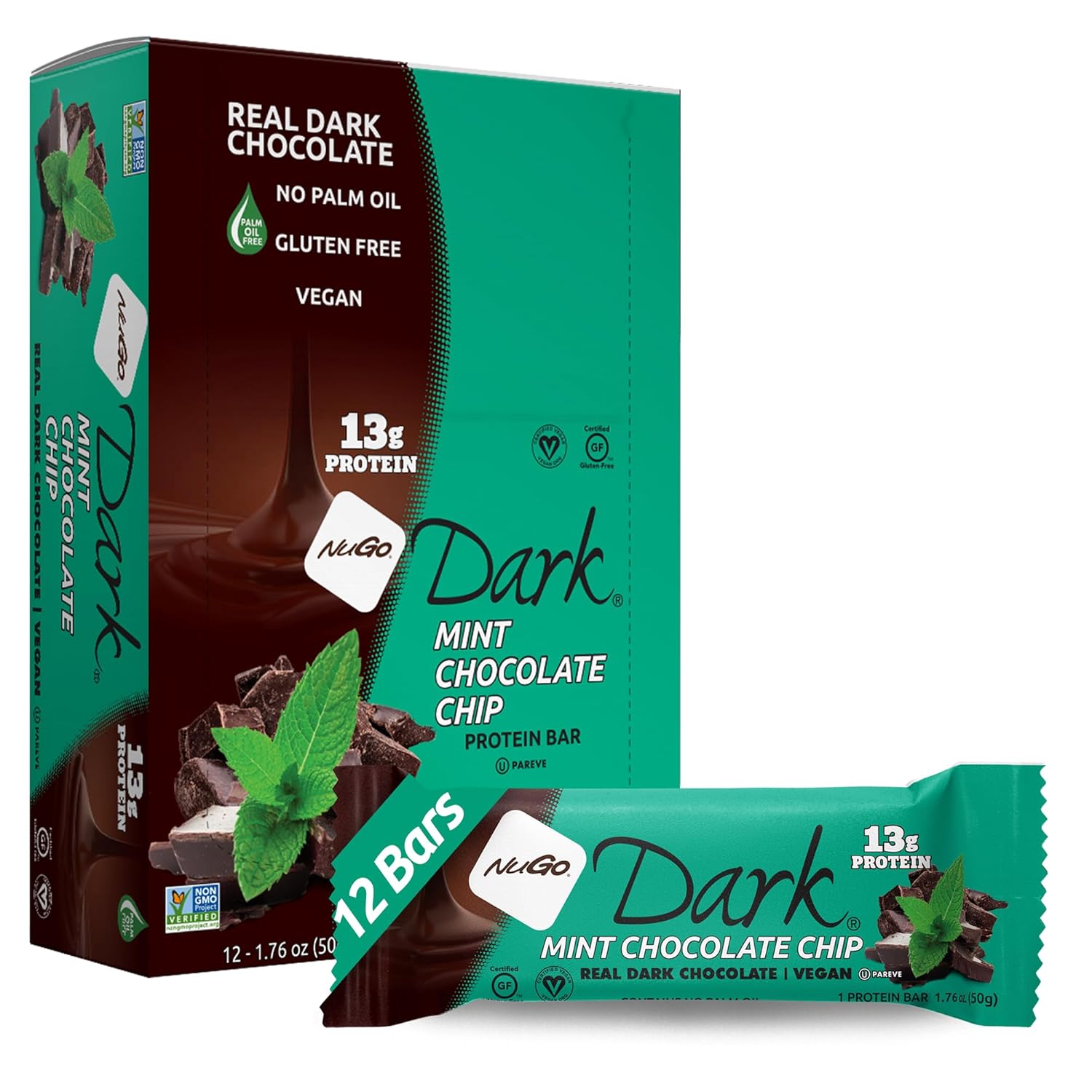 NUGO, Bar Box Dark Mint Chocolate Chip 12 Count, 1.76 Ounce (Pack of 2)