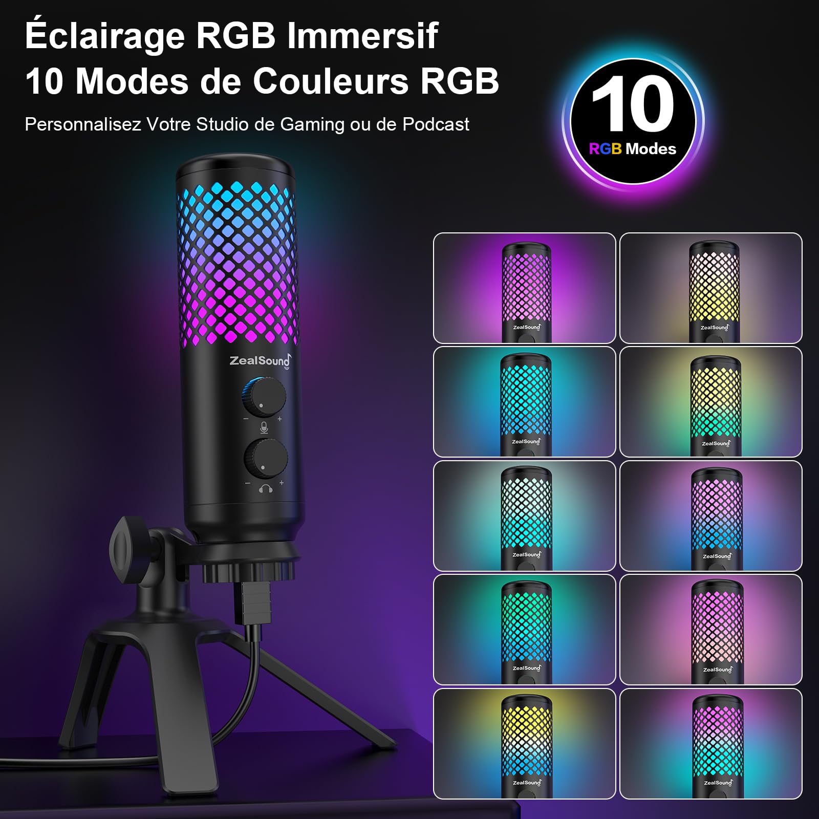 zealsound Micro Gaming PC, 96 kHz Métal USB Microphone à condensateur RGB pour Podcast, Streaming, Enregistrements et Voiceover, Discord, avec Muet et Gain – Plug & Play pour PC Smartphone et PS4/5