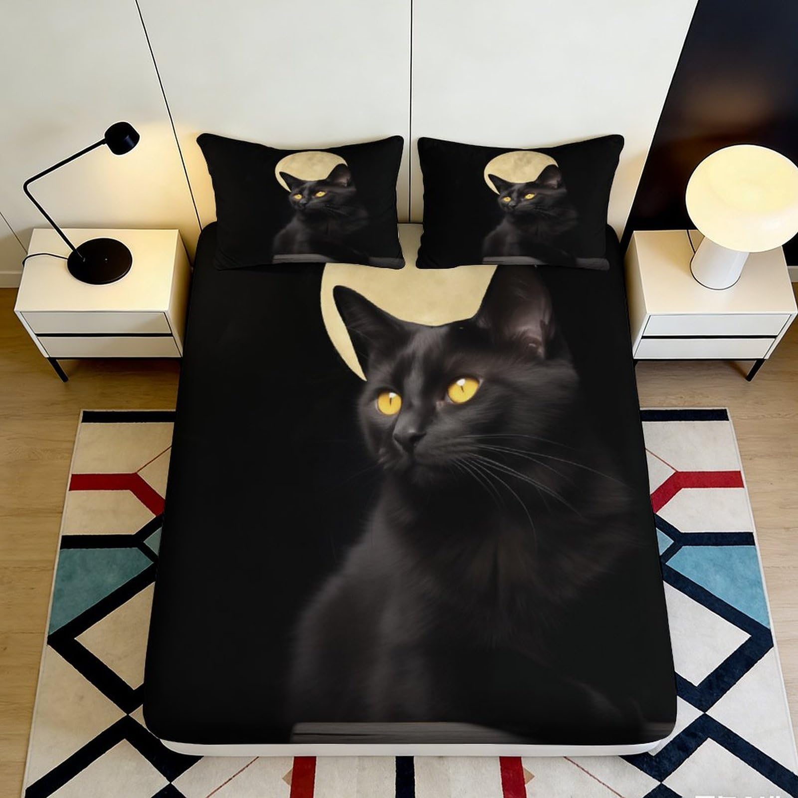 Jqzkxnhpbr Style-10 3D Printed Black Cat Fitted Sheet Microfiber Soft Breathable Moon Bed Cover For Bedroom Dorm Room Mattress Protection Decor 90X200x25cm