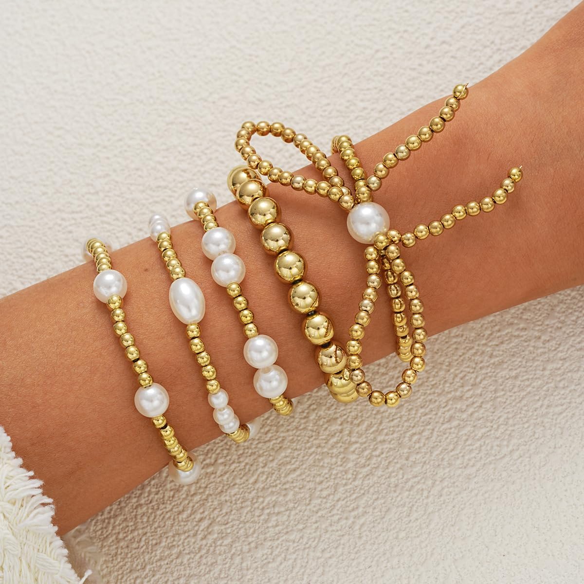 COLORFUL BLING Bow Gold Beaded Bracelets Layered Pearl Stretch Bracelets Set for Women Heart Simulated Pearl Stackable Elastic Bracelets Chunky Bowknot Adjustable Multilayer Bangles Wedding Jewelry - Image 2
