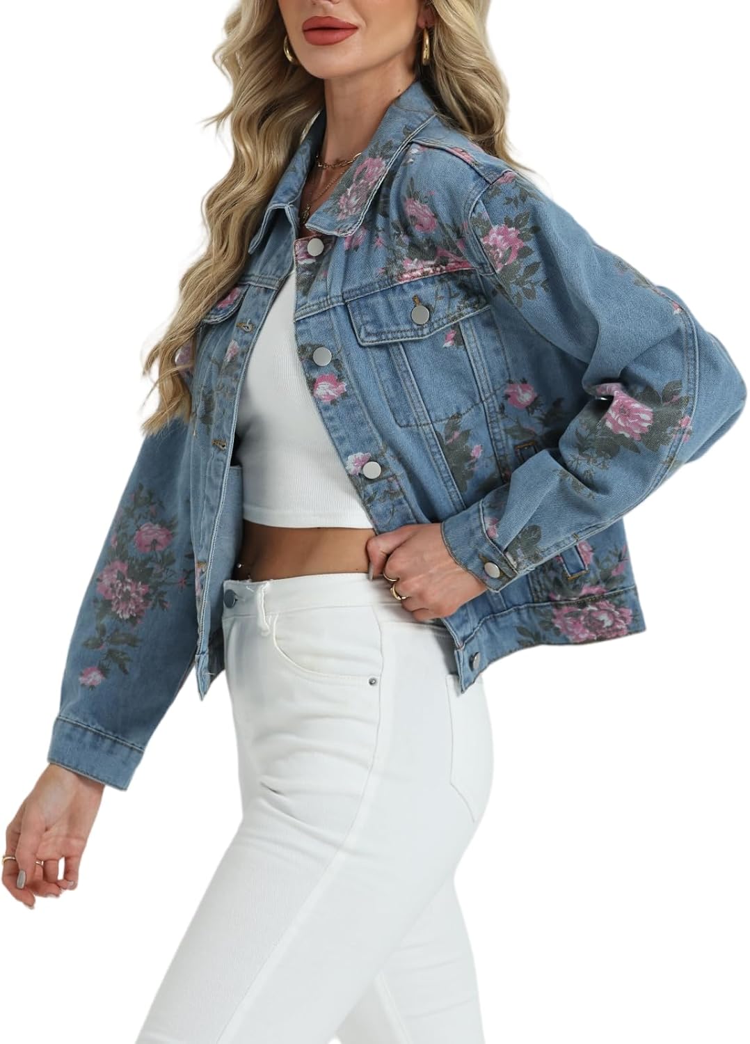 LifeShe Women's Jean Jacket Floral Button Up Cropped Denim Jackets Western Outfit With Pockets - Image 3