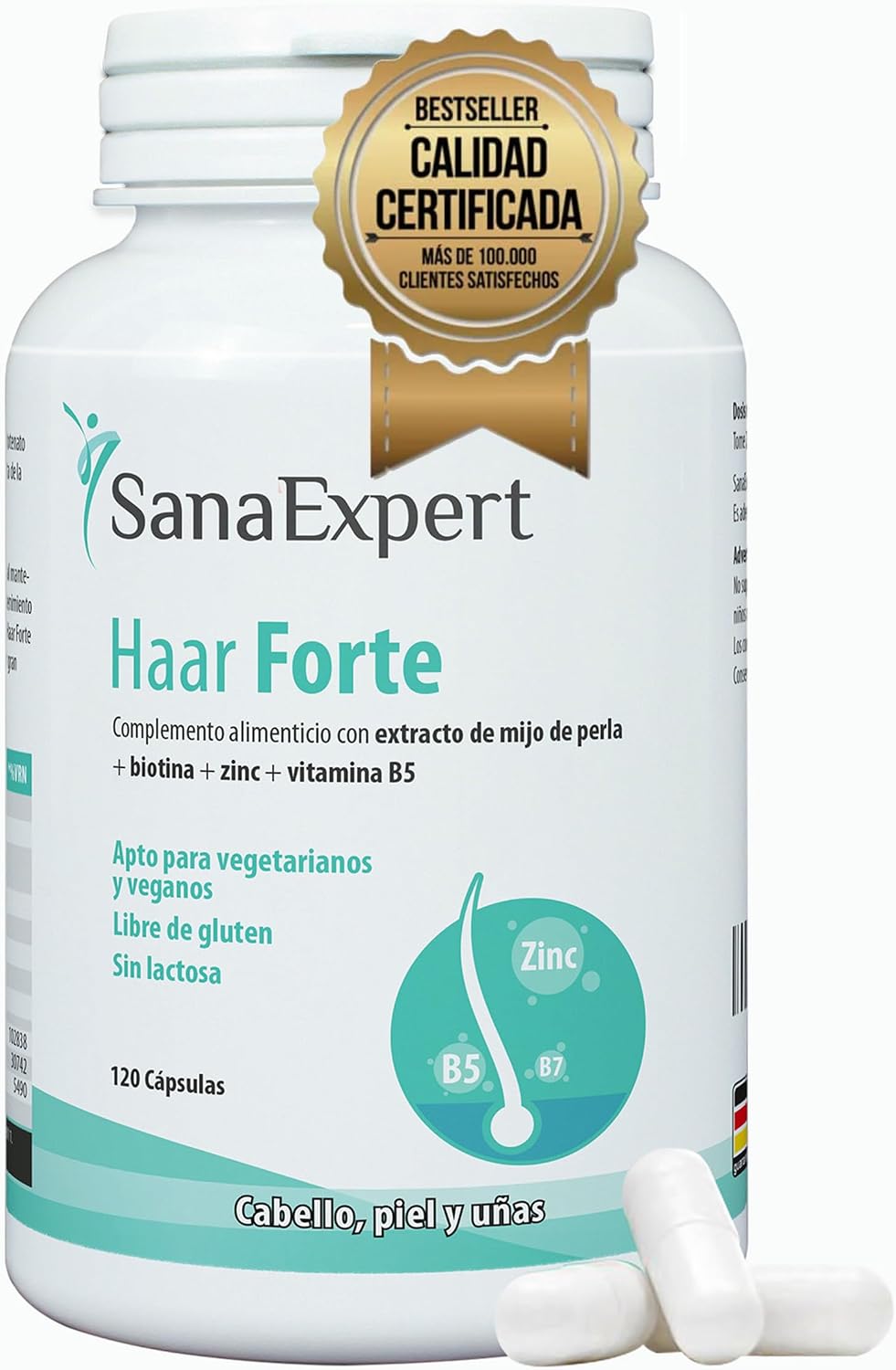 SanaExpert Haar Forte | Fortalece Cabello y Uñas. Con Biotina, Zinc, Mijo de Perla y Selenio. Vitaminas Para Un Cabello Fuerte | 120 Cápsulas Veganas, Anticaída. Fabricado en Alemania