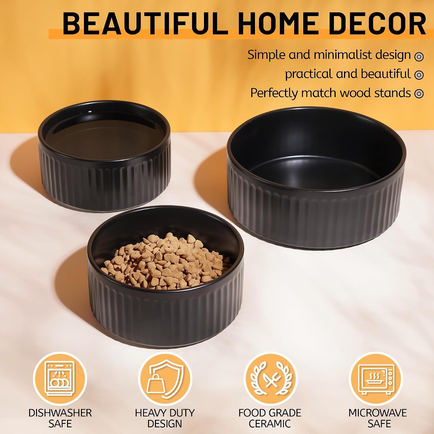 Non-Slip Ceramic Dog Bowls,8" Dog Food and Water Bowl Set with Silicone Base, 64oz/8cups Weighted Flip-Proof Pet Feeding Bowl for Medium and Large Dogs (Large,Black)