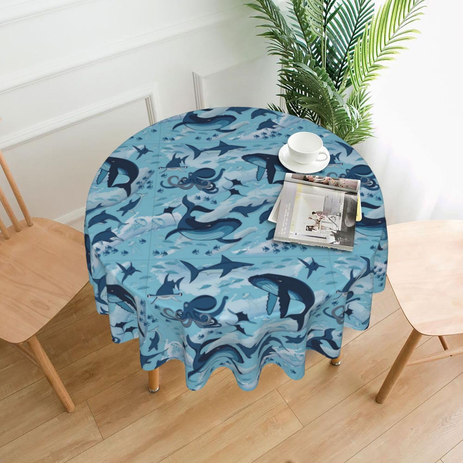 WHJSHOP Fish and Octopus Prints Round Decorative Throw – 60in Stylish Table Cover for Dining, Parties & Outdoor Events