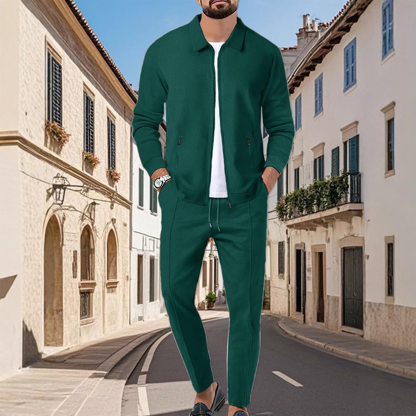 Hombre Chándales Waffle Manga Larga Cremallera Completa Chaqueta & Pantalón Juego de 2 Piezas para Casual Deporte Trabajo