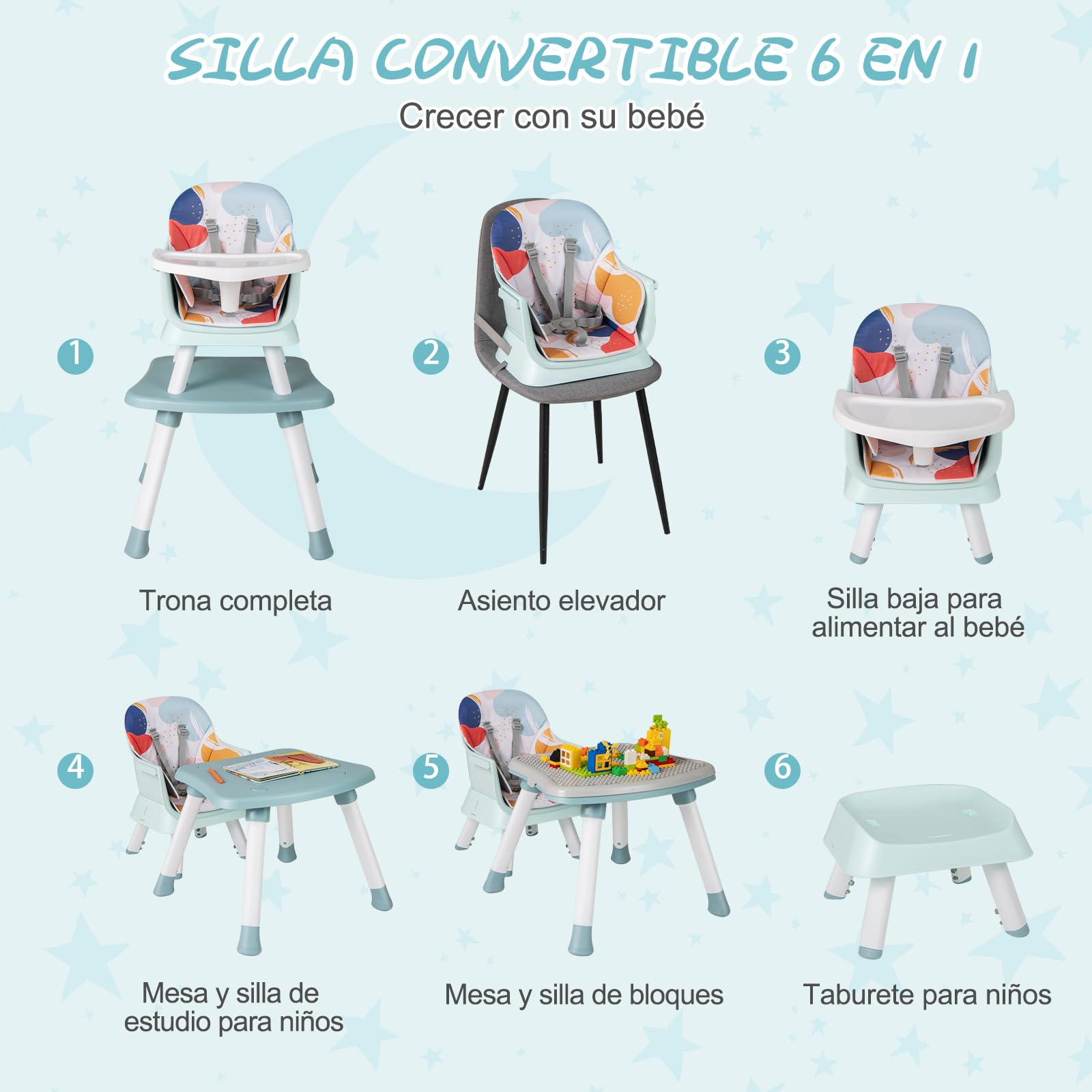 GOPLUS Trona Evolutiva Bebe 6 en 1 para Niños 6-36 Meses Hasta 25kg, Silla Bebé Comedor Portati con Bandeja Extraíble, Pies Antideslizantes, Arnés de 5 Puntos, Asiento para Juegetes (Multicolor)