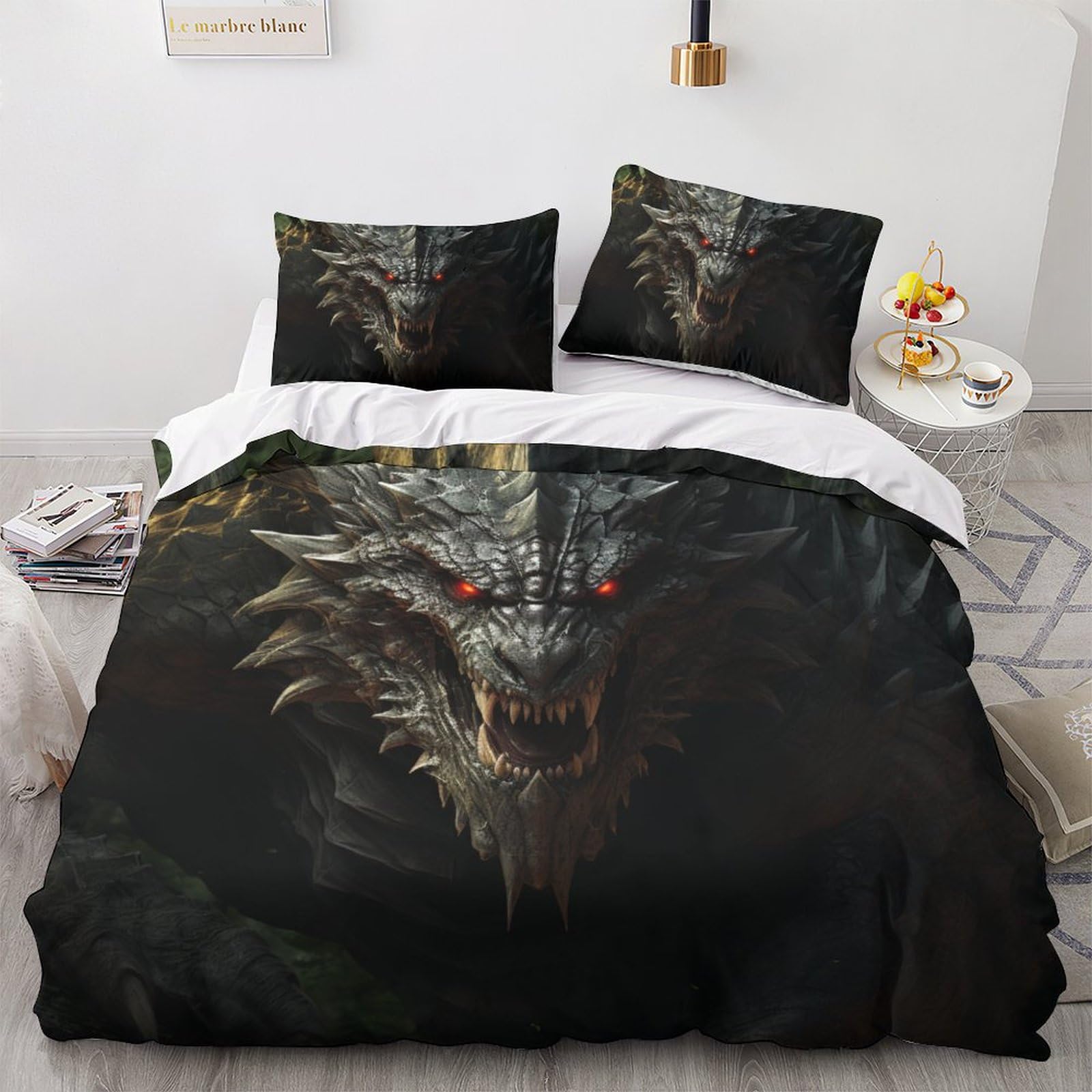 Housse de couette dragon motif 3D relief parure de lit microfibre king size