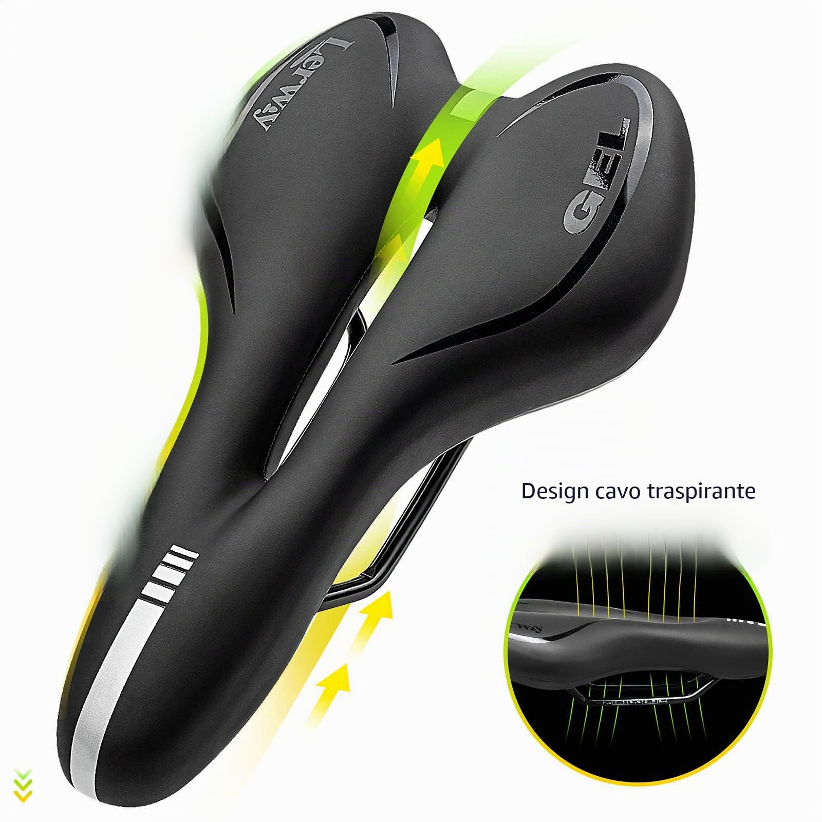 LERWAY Sella Bicicletta MTB, Sella Bici MTB, Nero Sedile Bici Strada Ciclismo BMX, Traspirante Sella Bici in PU Pelle, Impermeabile Sella Velo Confortevole Hollow Riflettente Bike Saddle