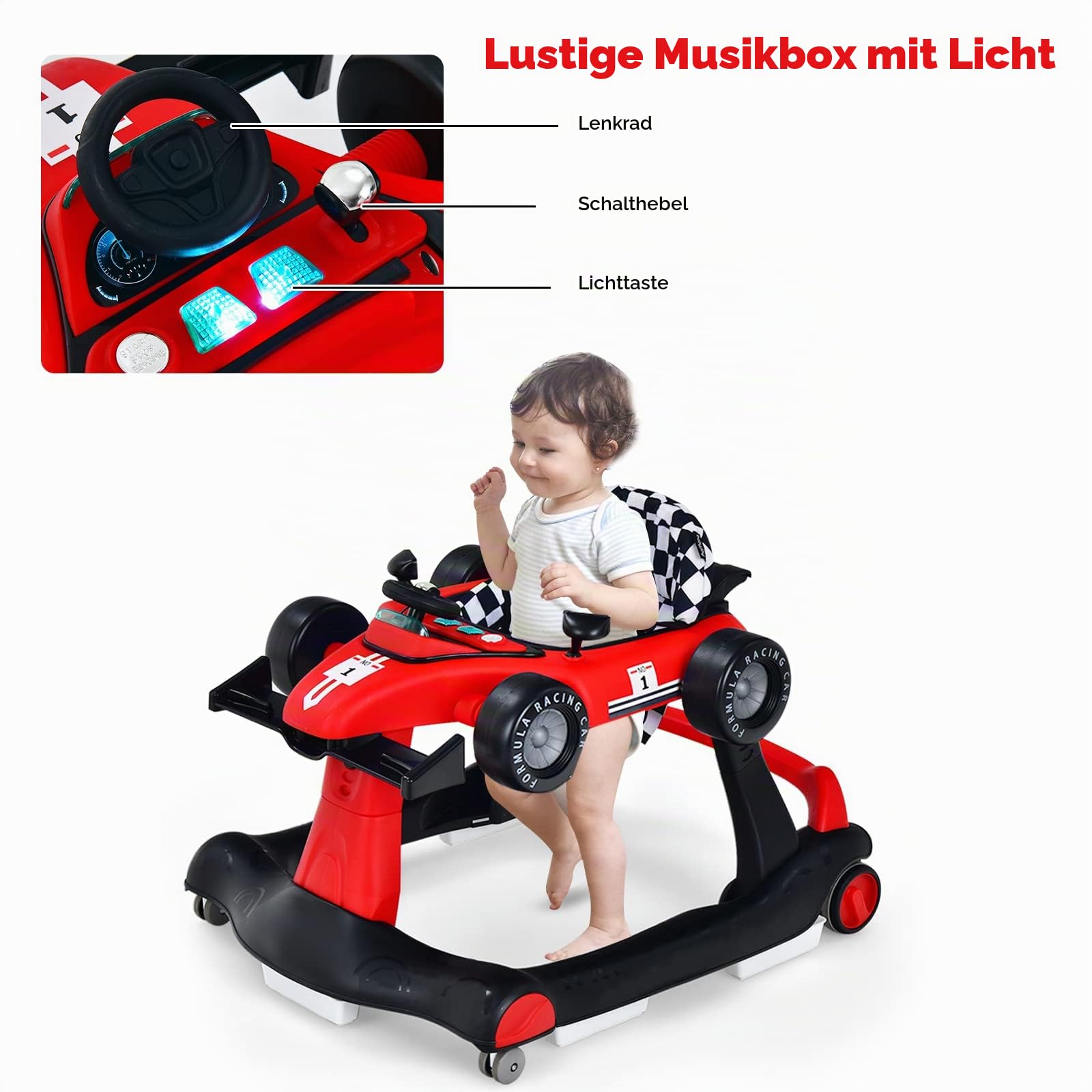 LIFEZEAL 4 in 1 Lauflernhilfe Baby, Höhenverstellbares & Klappbares Babywalker, Baby Gehfrei ab 6 Monate, Laufwagen mit einstellbarer Geschwindigkeit, Licht & Musik (rot)