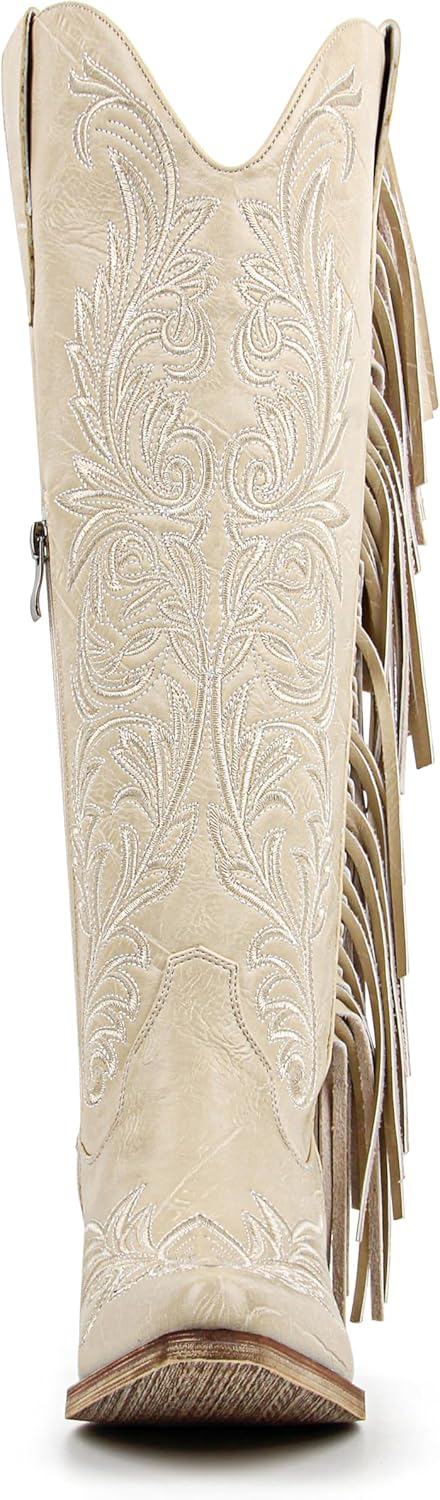 Knee High Lace Up Cowboy Boots with Fringe Embroidered Western Boots Wide Calf - Image 6