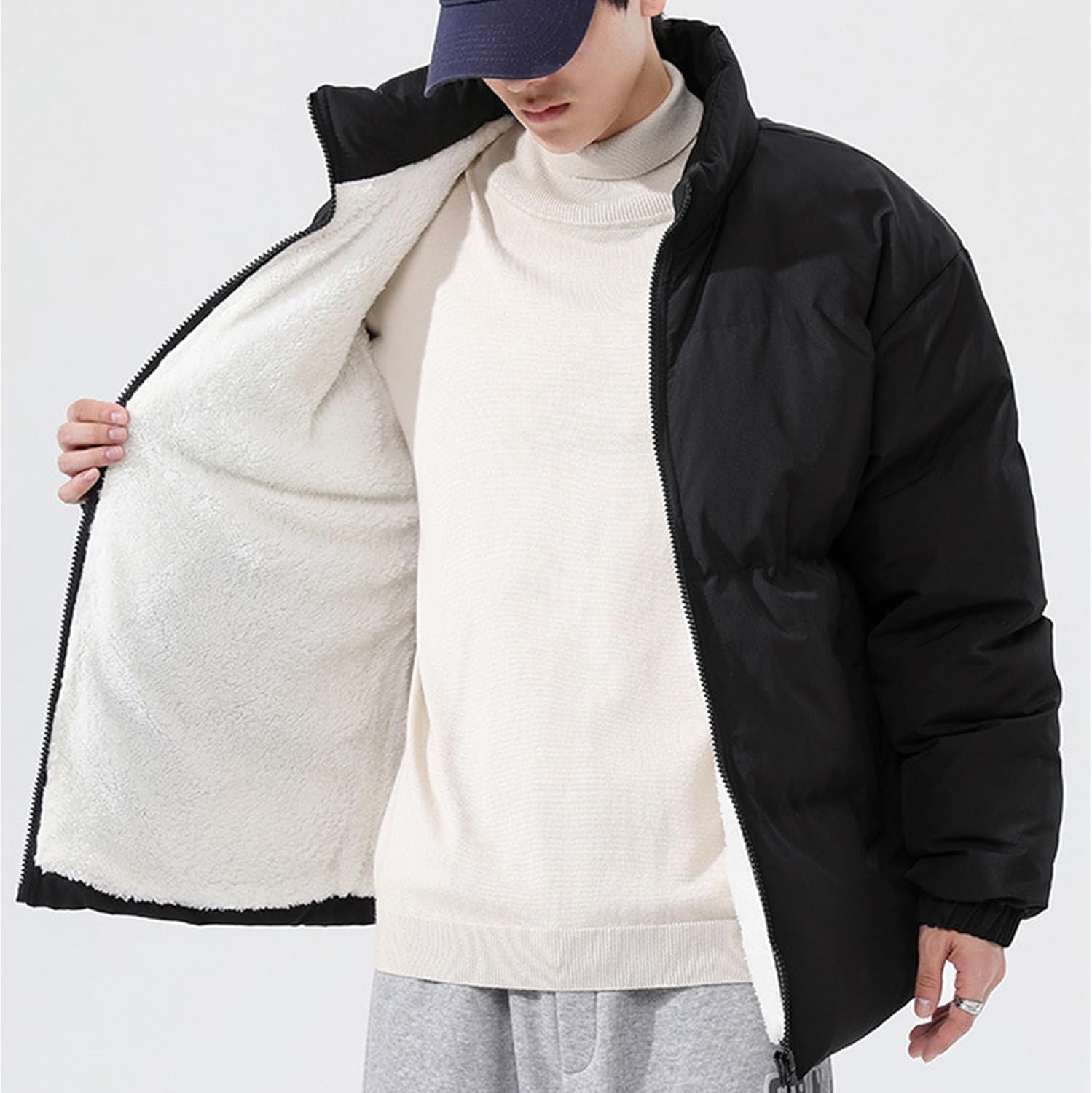 Men's Stand Collar Padded Jacket Solid Color Slim Fit Winter Warm Coat Sherpa Lined Casual Qulited Outwear