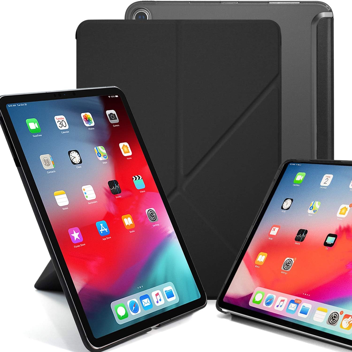KHOMO Horizontal and Vertical Display Stand Capable Cover for iPad Pro 11 Inch Case (Released 2018) - Dual Origami Series - See Through Back - Black