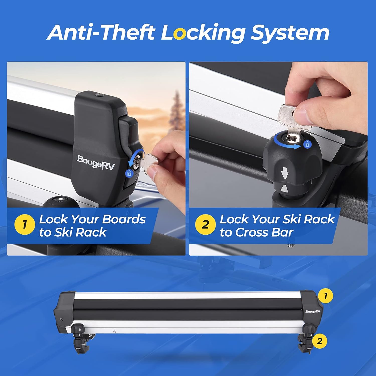 BougeRV Ski & Snowboard Racks 2.0 with Anti-Theft Lock, Extension with Sliding Feature, 28'' Fits 6 Pairs Skis or 4 Snowboards, Universal Mounting System Fits for Square/ Round/ Aero/ Oval Cross Bars : Sports & Outdoors