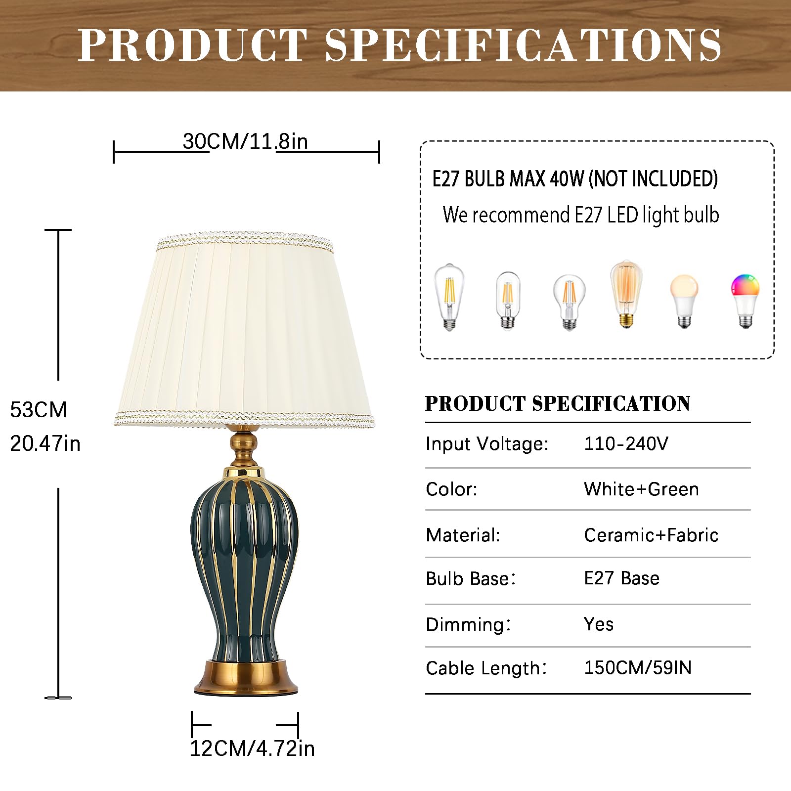 Lampada Da Tavolo Moderna E27 Retro Ceramica Luce Notturna Bianca In Tessuto Lampada Da Scrivania Illuminazione Decorativa Per Soggiorno Camera Da Letto Studio Lampada Da Letto Da Letto (Verde)