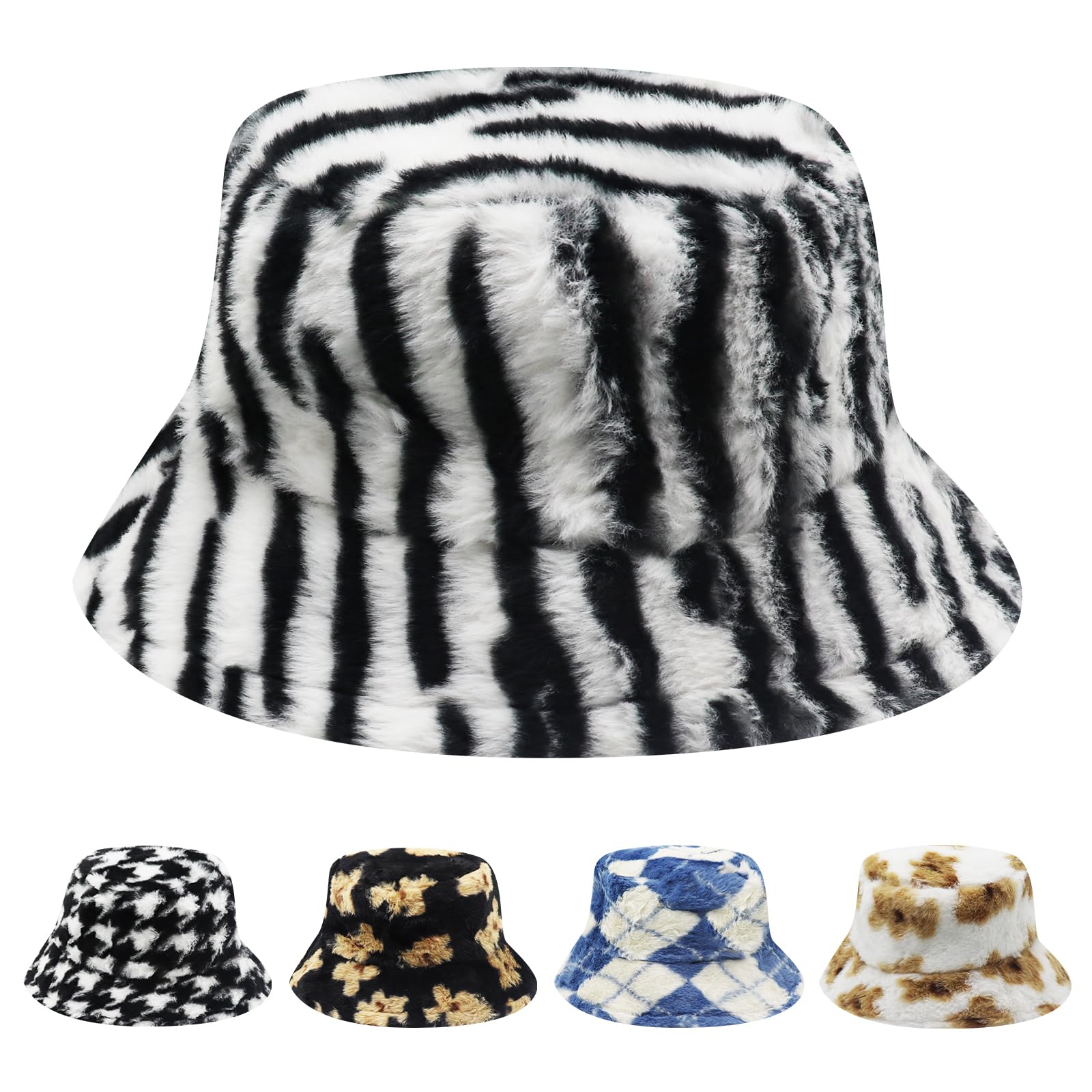 ExojoyWinter Fluffy Bucket Hat for Women Adjustable Faux Fur Warm Fisherman Hats Cute Pattern Wide Brim Fuzzy Furry Hat for Girls Outdoor