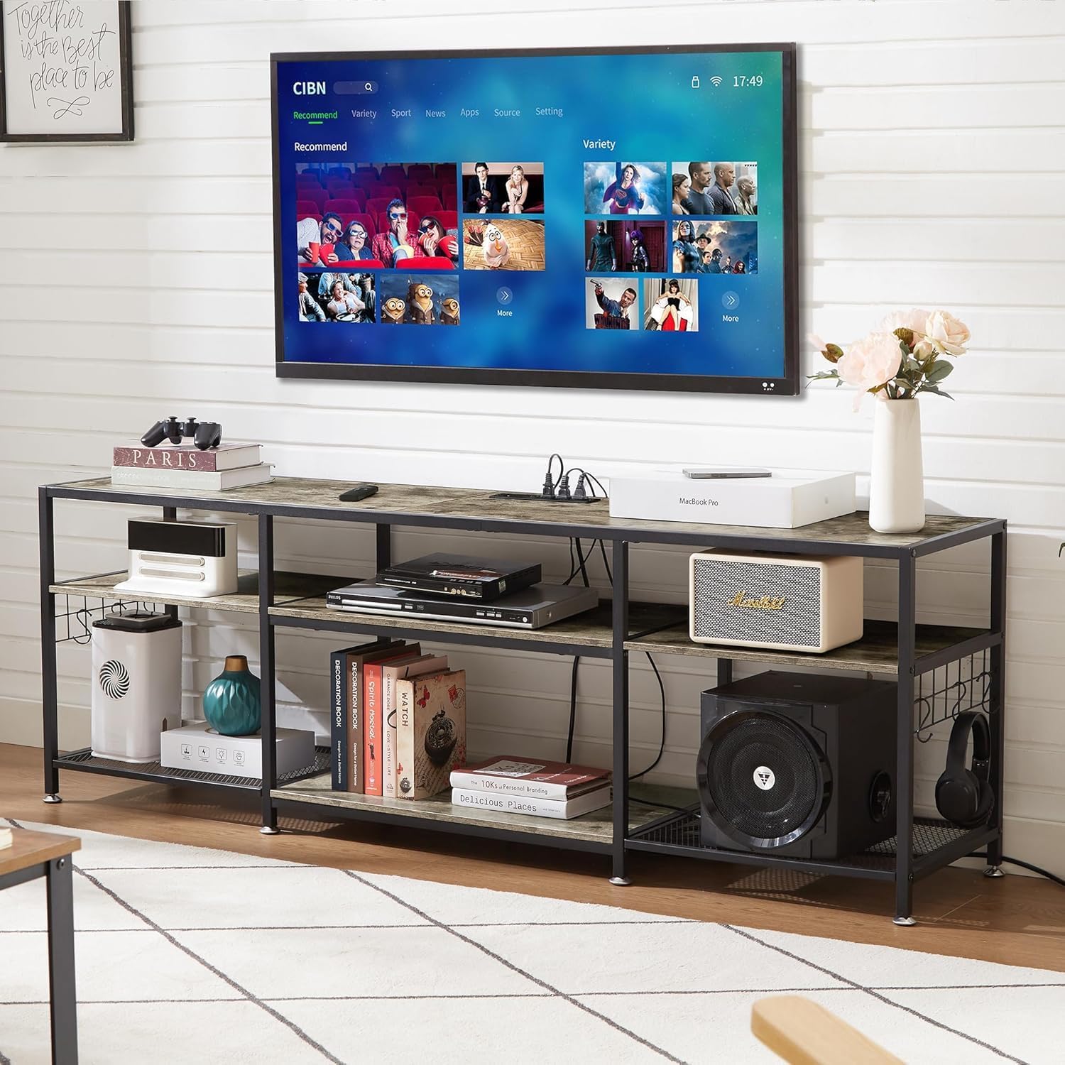 VECELO 63" TV Stand with Power Outlets for 55/60/65/70 Inch Television, Entertainment Center with Storage Shelves & Hooks, 3-Tier Wooden Console Table for Living, Bedroom, Gaming Room, Grey