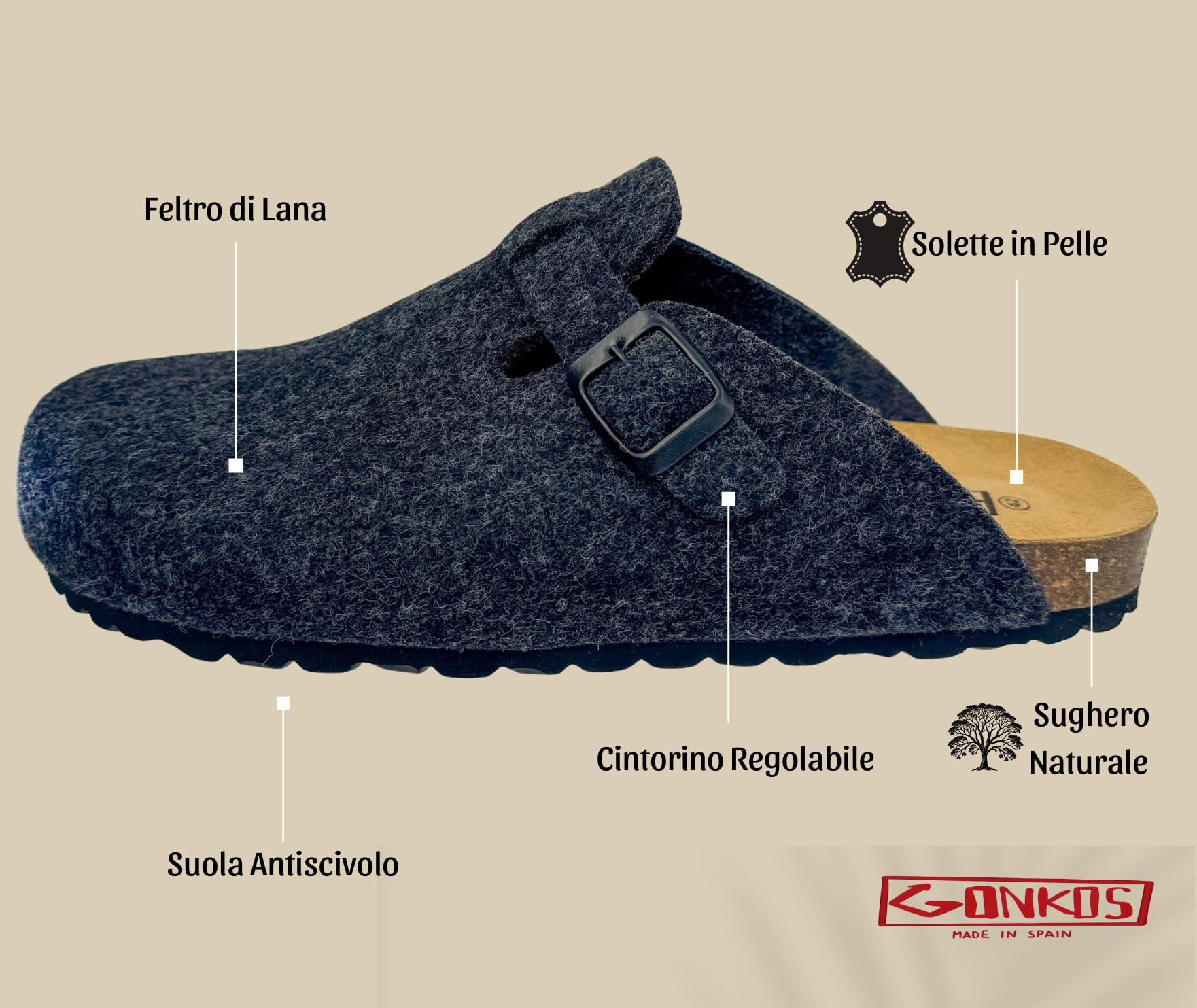 Pantofole in Feltro di Lana, Soletta Anatomica in Sughero Naturale e Pelle Scamosciata, Zoccoli di Feltro, Pantofole Uomo Donna, Sabot Uomo Donna,Confortevoli e calde di Qualità,Made in Spain